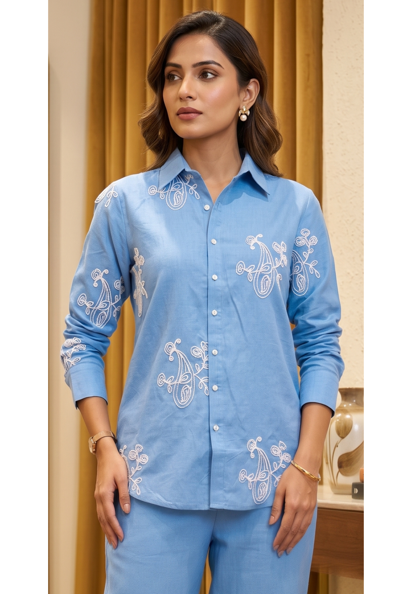 Elegant Blue Cotton Co-Ord Set with Embroidered Shirt Kurta & Straight Pants-14259 RB188