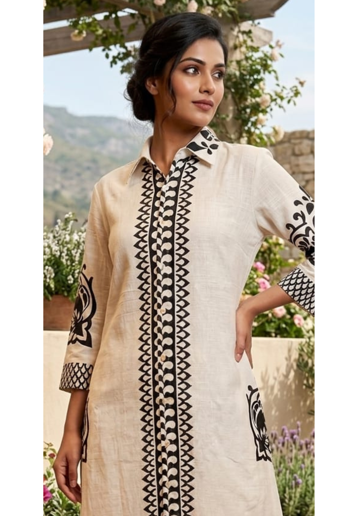 Linear Patterned Motif Summer Wear Collared Long Length Kurta Pant Set In Cotton Fabric-14272 RB190