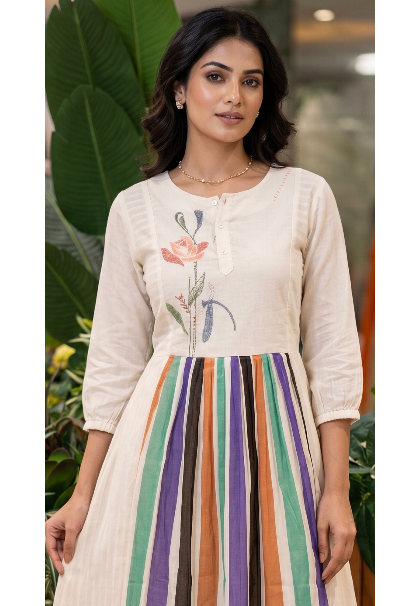 Elegant Off-White Mul Cotton Kurta Pant Set with Artistic Floral Print & Multicolour Striped-14147 RB191