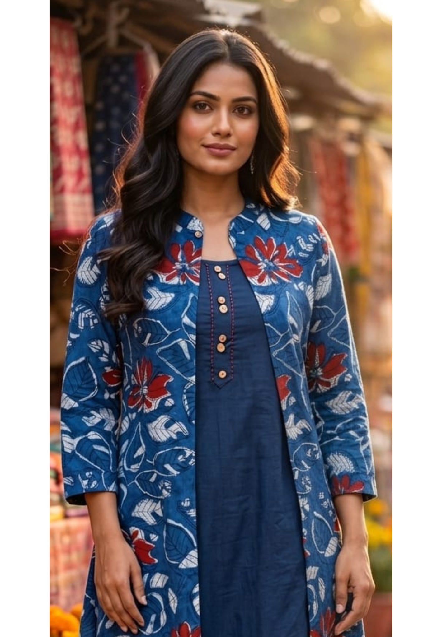 Stylish Blue Cotton Kurta Pant with Attached Printed Overlay Panel & Floral Leaf Motif-14269 RB194