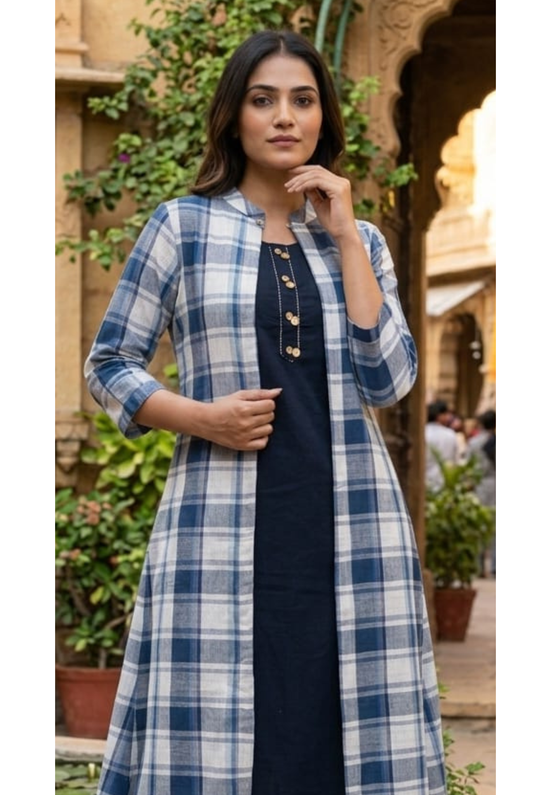 Checks Block 3-Piece Indo Wear Jacket With Kurta Pant Set In Cotton Fabric-14268 RB198