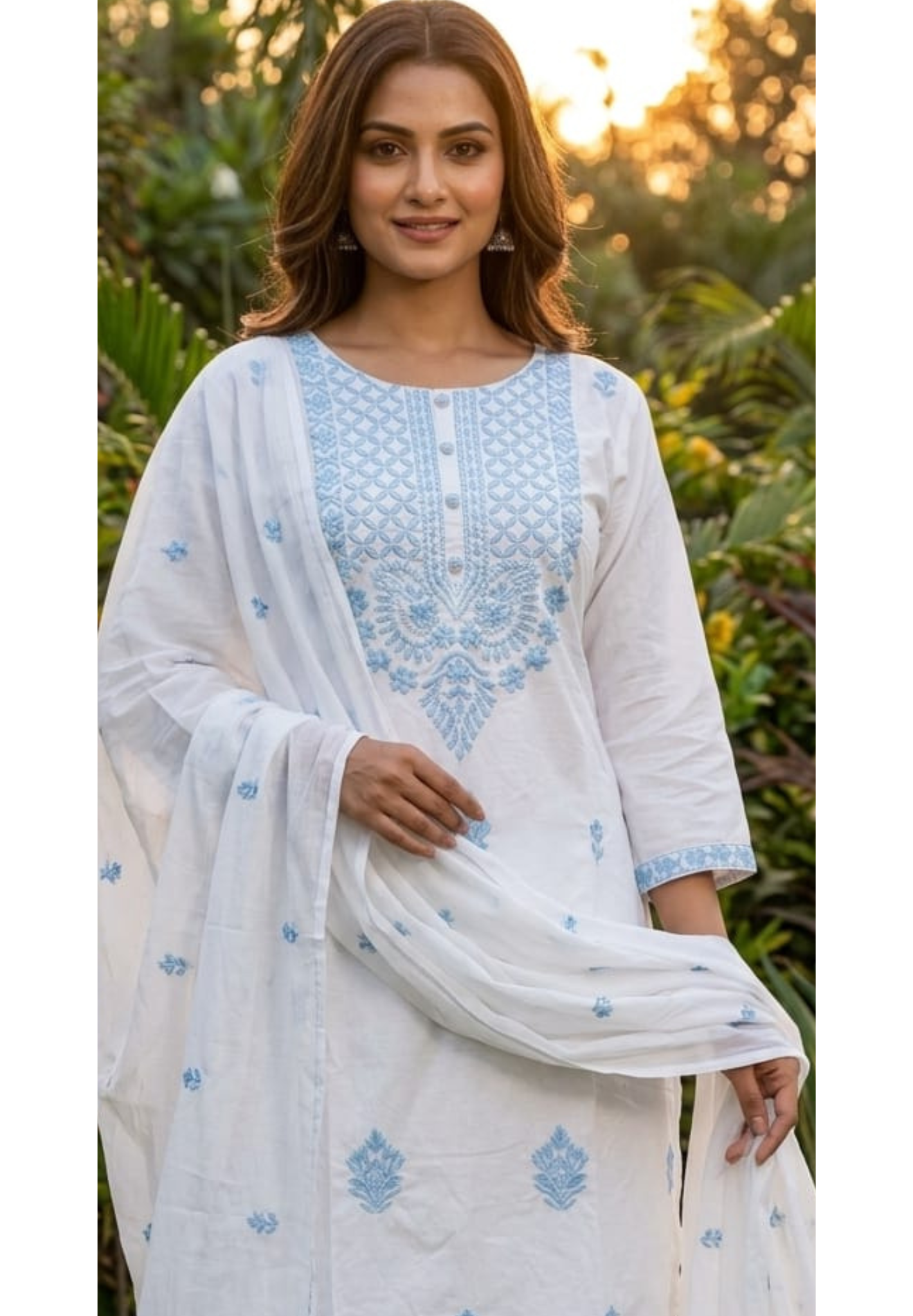 Elegant White Cotton Kurta with Sky Blue Chikankari Embroidery Cotton Full suit 14266 RB204