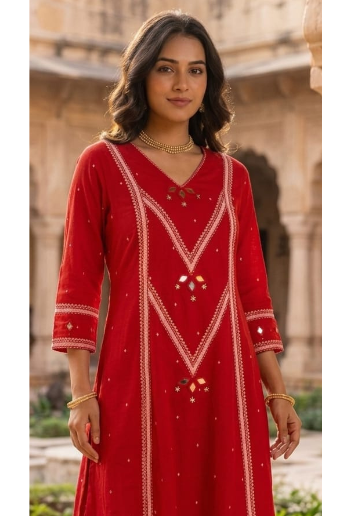 Elegant Red Cotton Kurta Pant Set with Intricate Thread Embroidery, Mirror Work Accents-14181 RB206