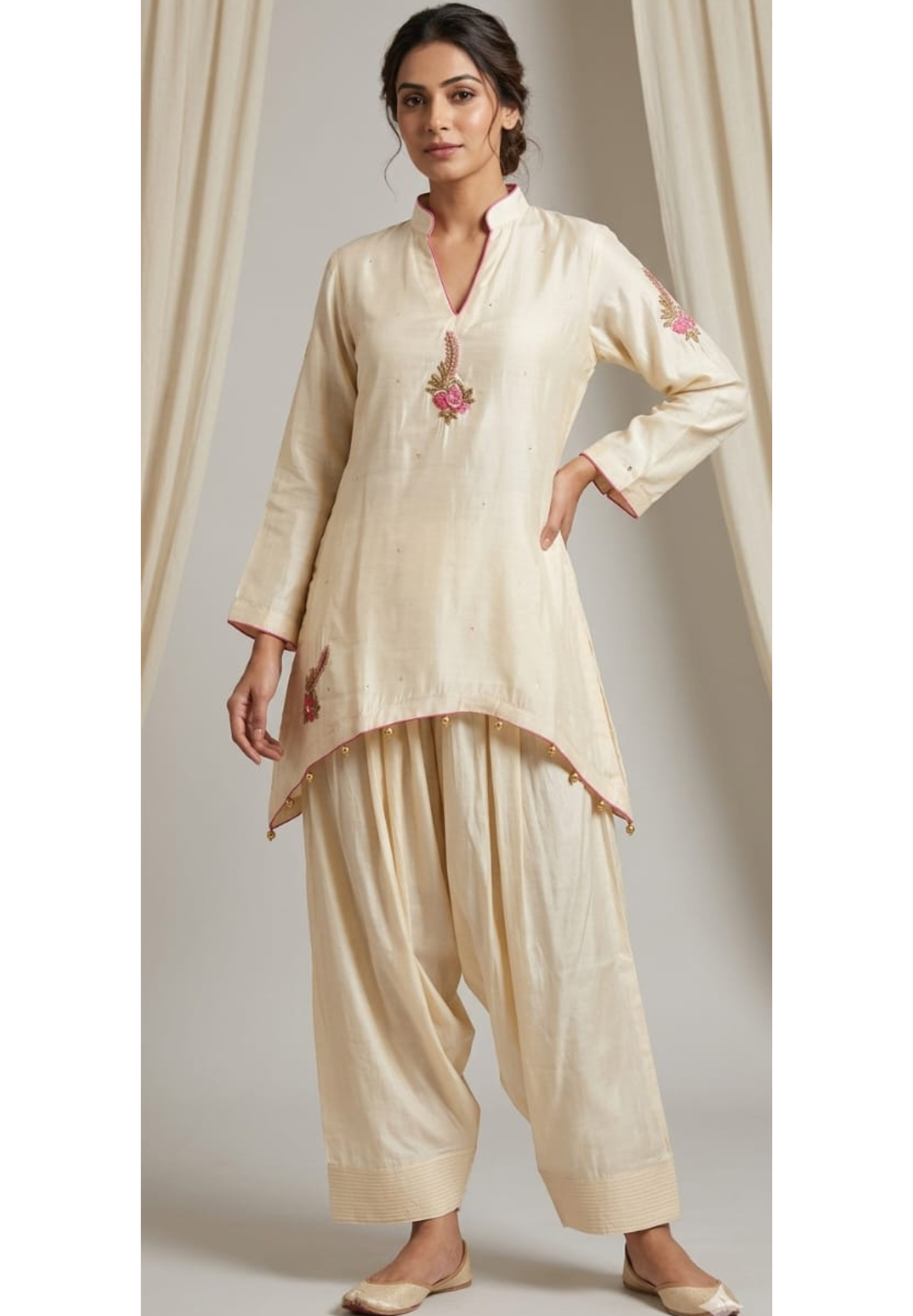 White Sheer Soft Toned Minimal Embroidery Russian Silk High Low Co-Ord Set