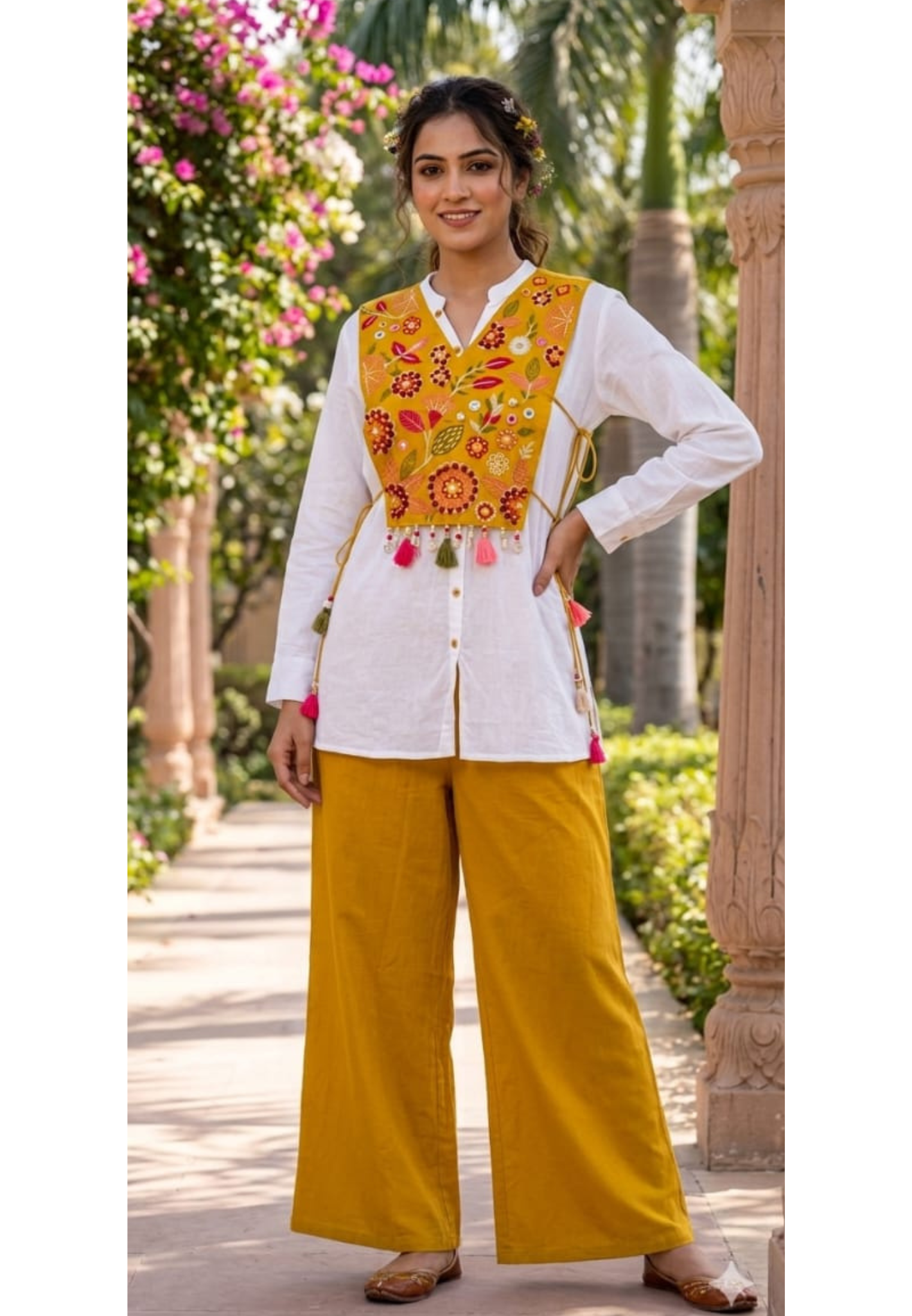 Boho Shell Tasseled Floral Embroidery Unqiue Kind Tie-Up Co-Ord Set-13961