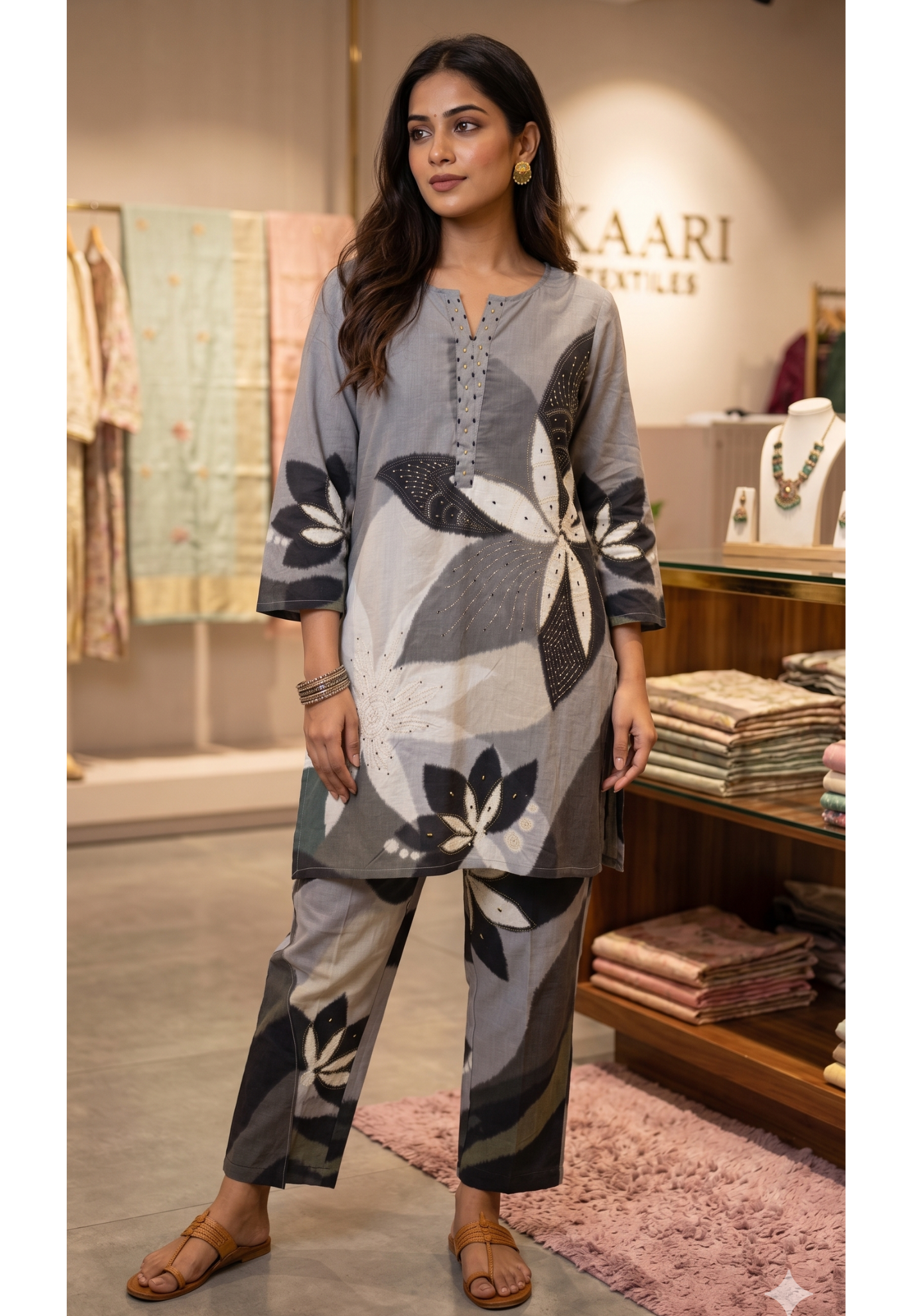 Moonlight Grace Floral Print Greyish Cotton Co-Ord Set