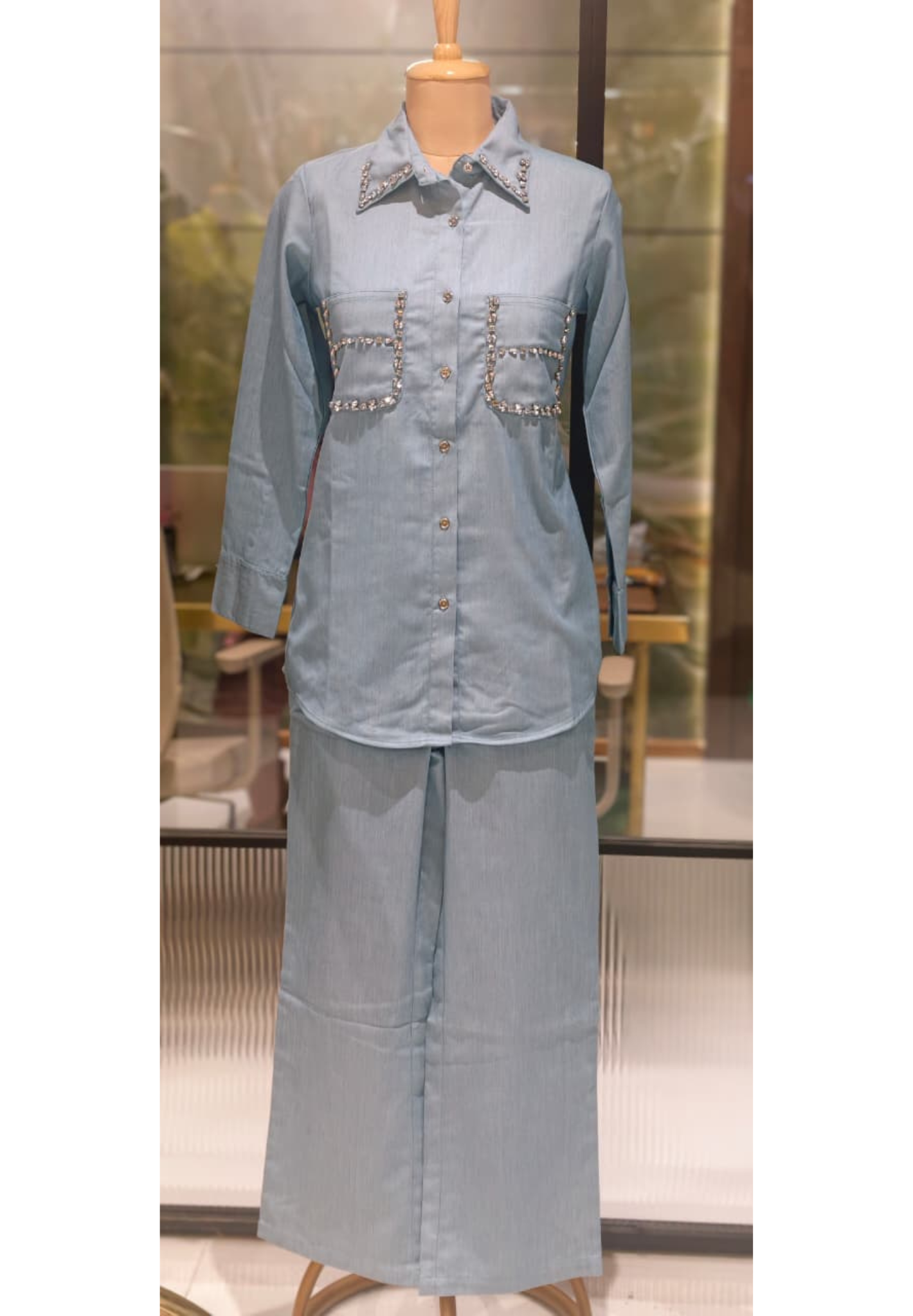 Stylish Beads Stone Work On Shoulder Solid Denim Co-Ord Sets-14339