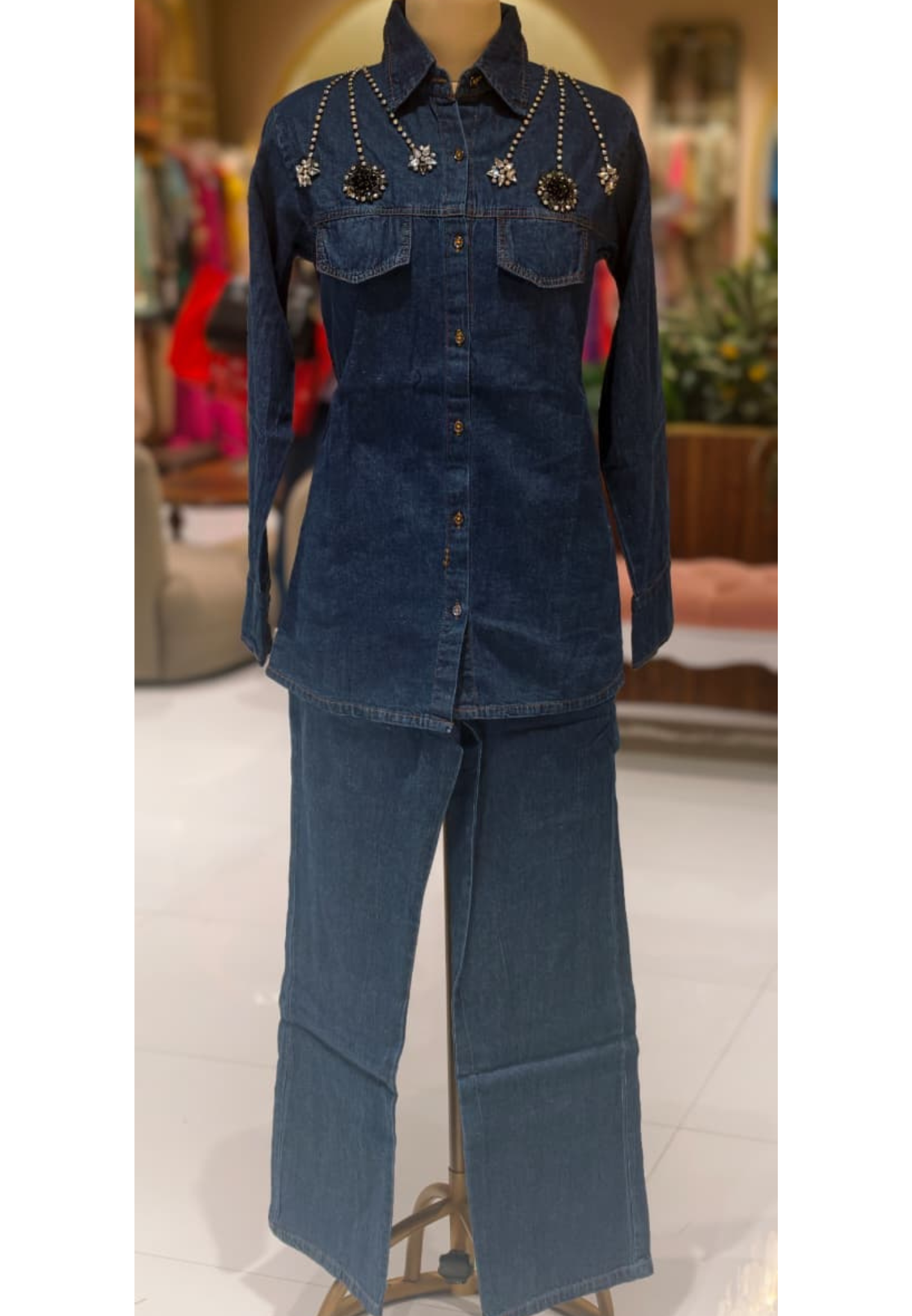 Reinstone Over Pocket & Collar Smart Look Solid Denim Co-Ord Set- 14337