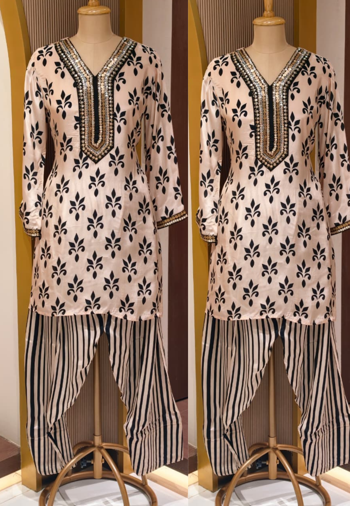 Pure Crepe Placement Print Stylish Neckline Kurta Pant Set- 14321 RB223