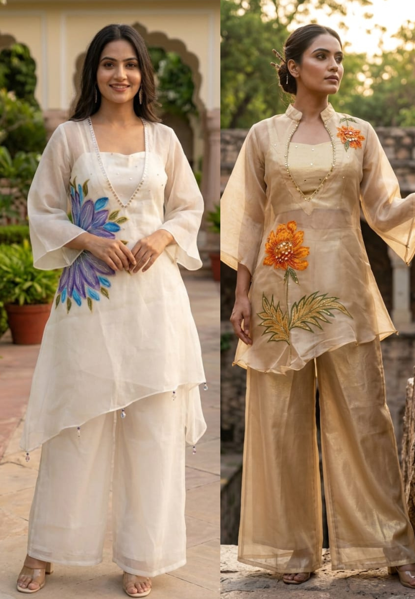 Digital Floral Print Golden Highlights Kurta With Buster & Bottom In Tissue Fabric- 14318,14 RB218