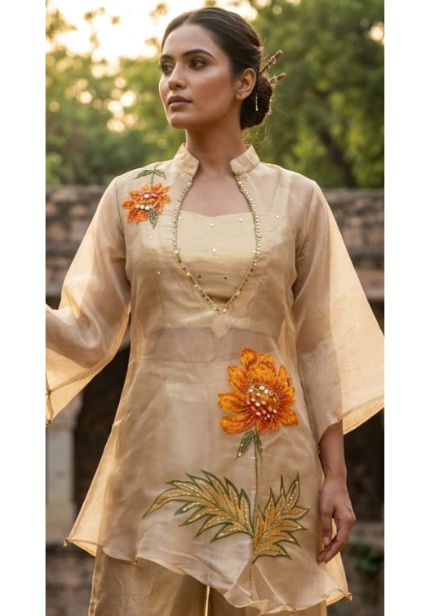 Digital Floral Print Golden Highlights Kurta With Buster & Bottom In Tissue Fabric- 14318,14 RB218