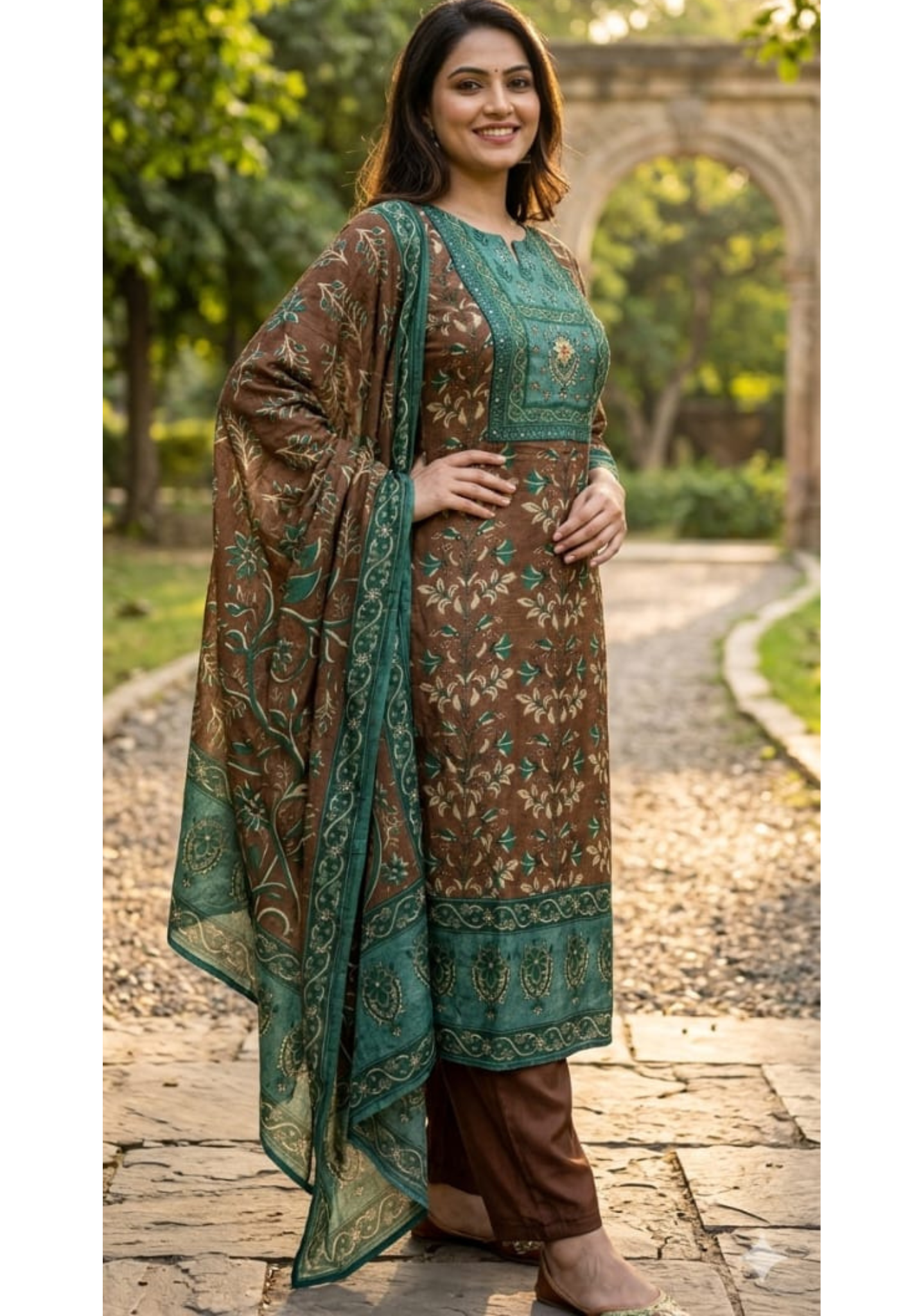 Muslin Fabric Traditional Ajrakh Print Full Suit Set With Dupatta(No Lining Inside)-14357 RB233