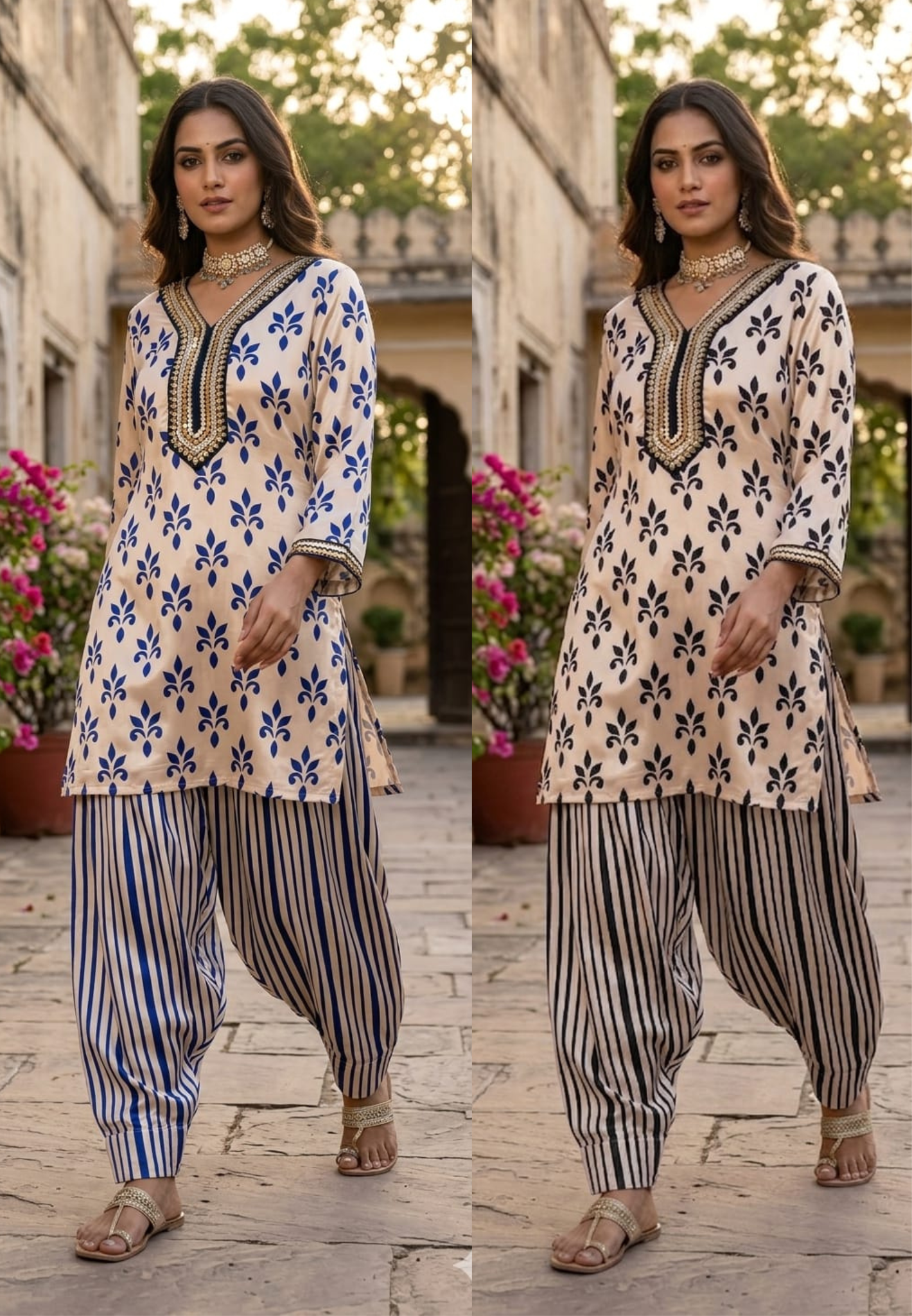 Pure Crepe Placement Print Stylish Neckline Kurta Pant Set- 14321 RB223