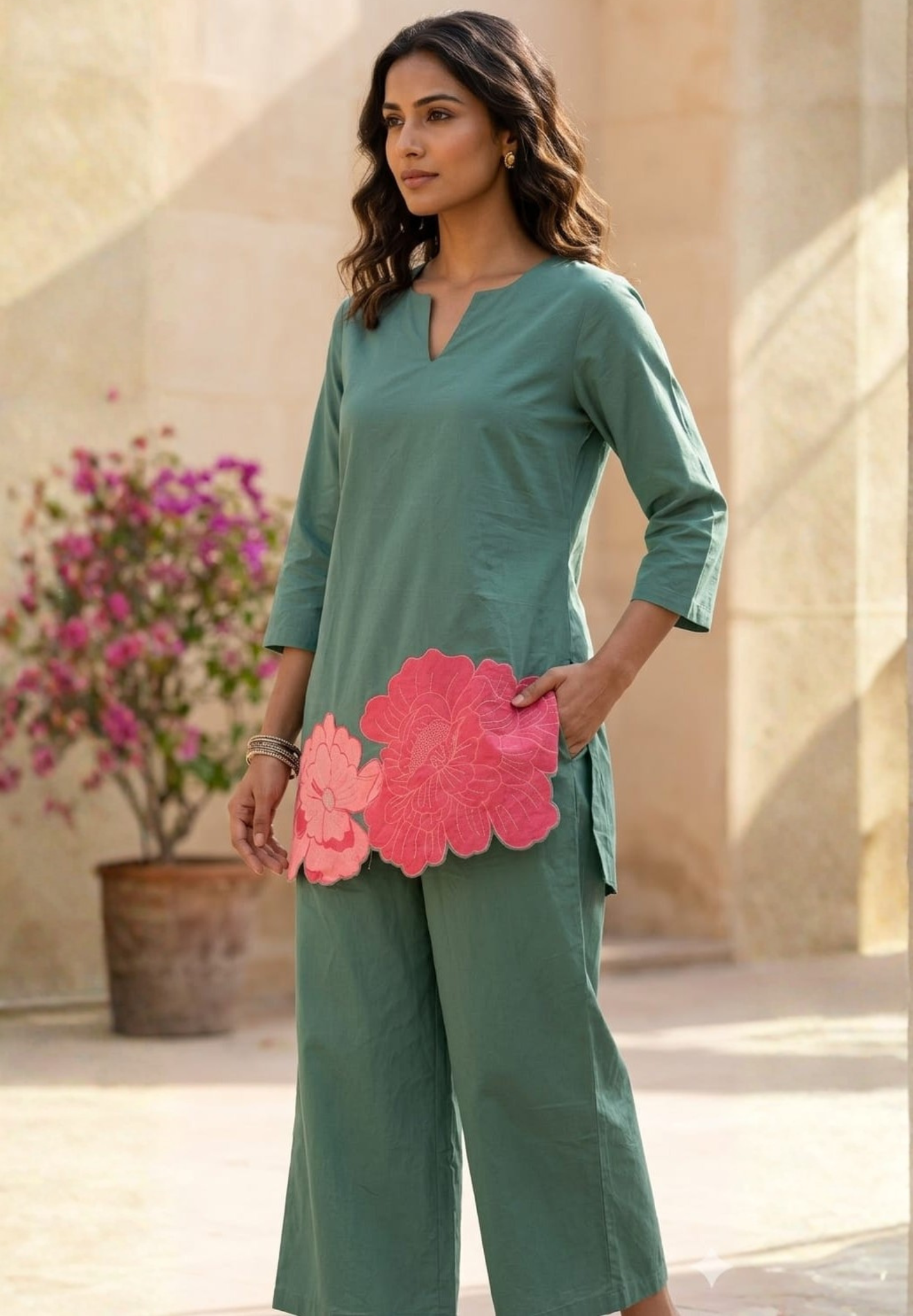 Complete Solid Very Minimal Floral Patch Look Vibrant Pure Cotton Co-Ord Set- 14280 RB228