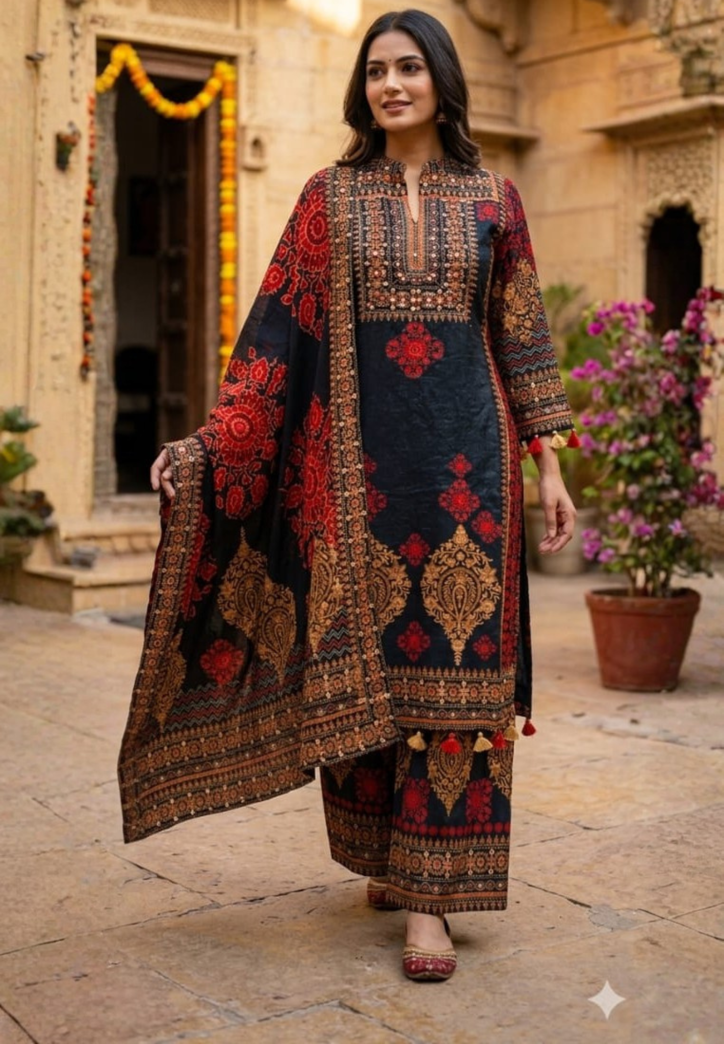 Classic Grand Placement Print Russian Silk Full Suit Set With Dupatta With Mul Cotton Lining-14346 RB231