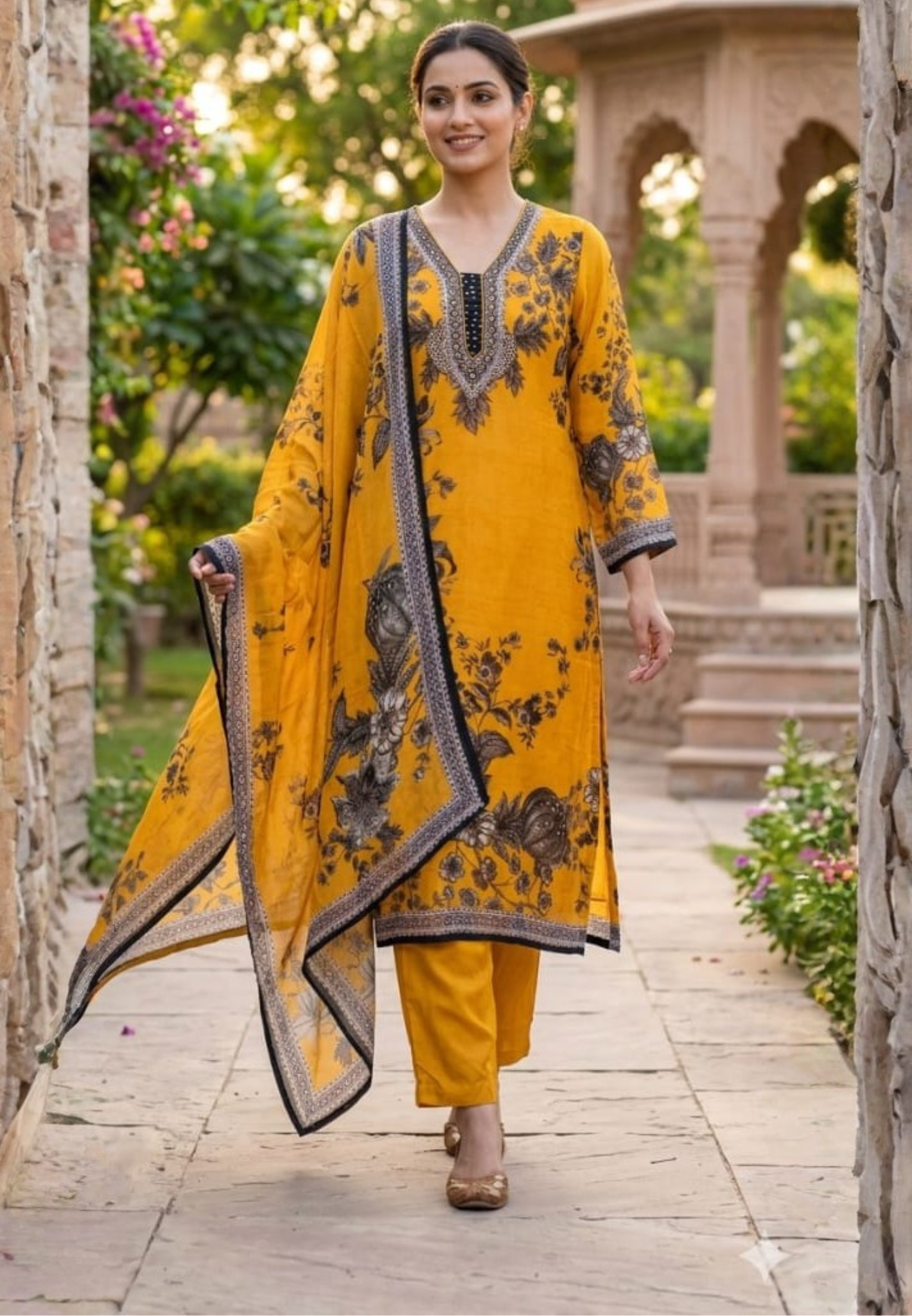 Mustard Elegance Floral Print Soft Georgette Full Suit Set With Mul Cotton Lining- 14296 RB230