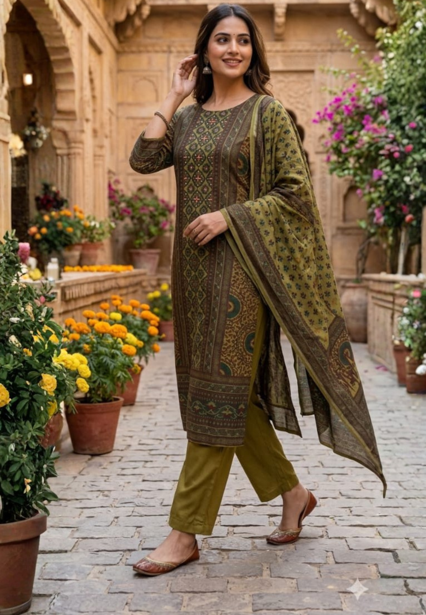 Ajhrak Print Green Forest Inspired Printed Full Suit Set With Dupatta In Dola Silk Fabric-14360 RB232
