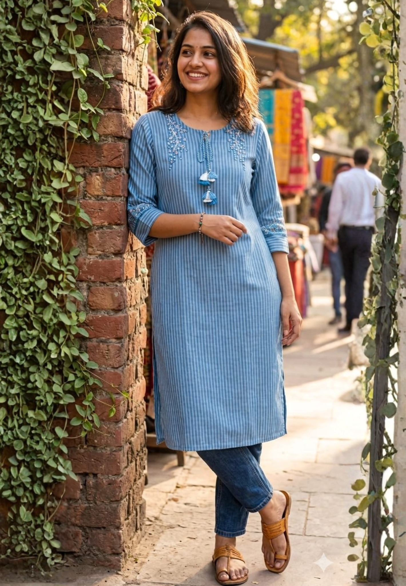 Aqua Bloom Striking Striped Cotton Kurti Only With Minimal Handwork-14342 RB239
