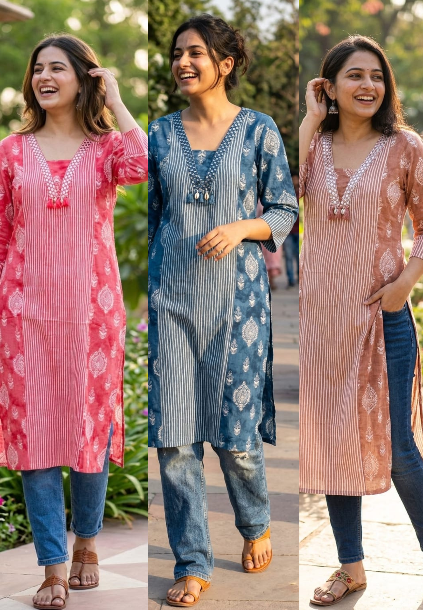 Linear Stripe & Printed Unique Glass Neck Line Tasseled Cotton Kurti Only-14273 RB241