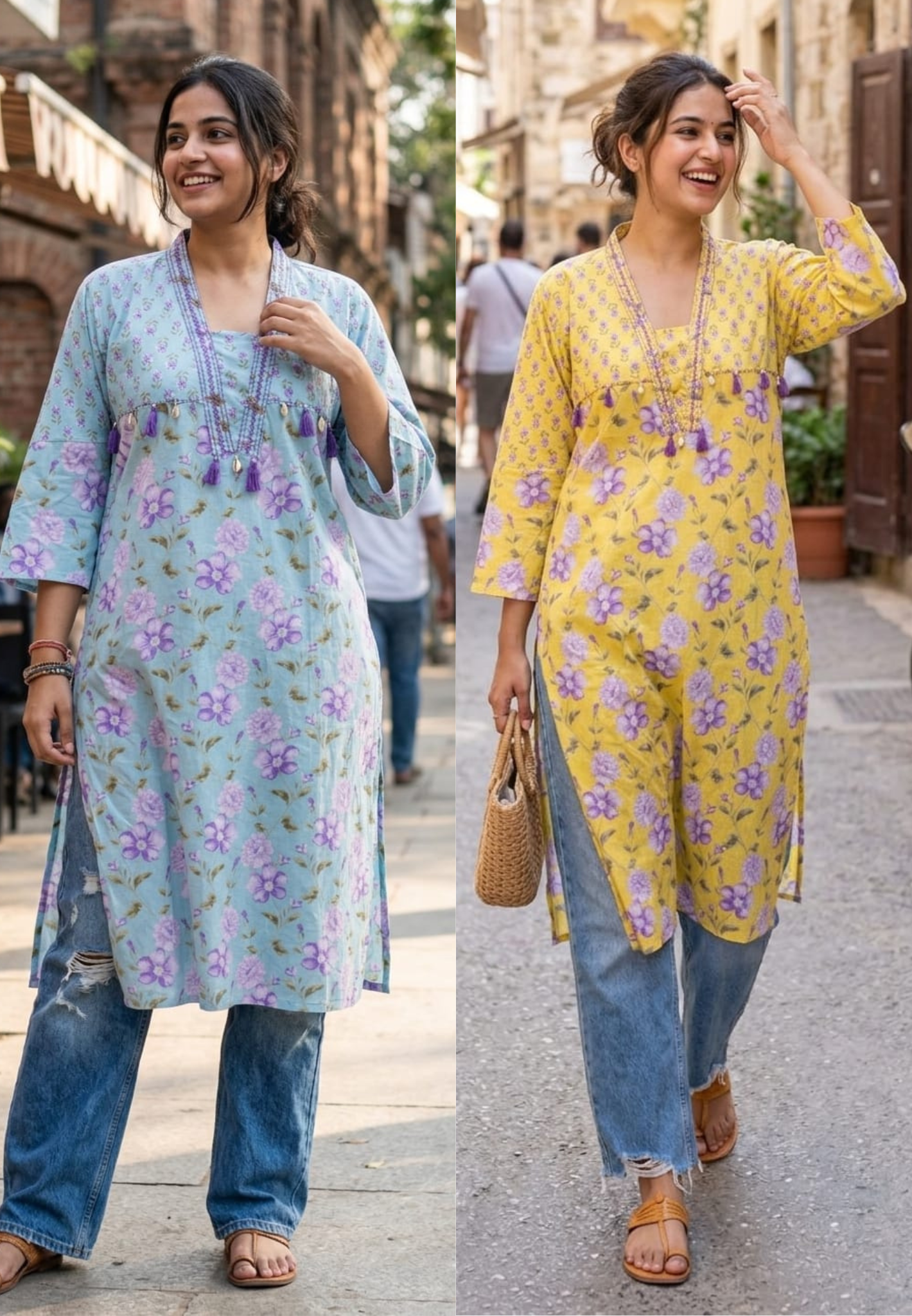 Boho Chic Refreshing Shade Printed A-Line Kurti Only In Cotton Fabric- 14277 RB238