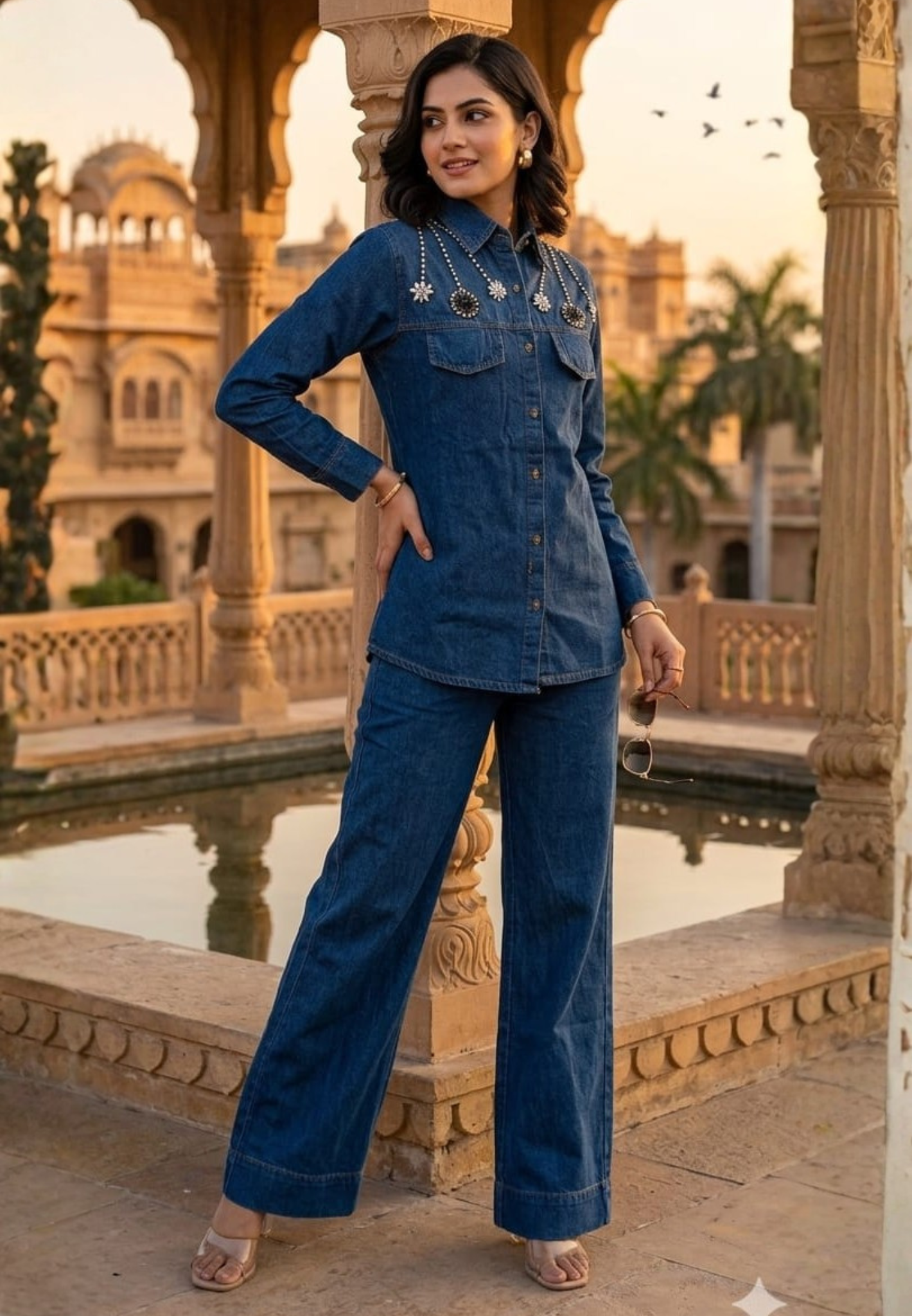 Reinstone Over Pocket & Collar Smart Look Solid Denim Co-Ord Set- 14337
