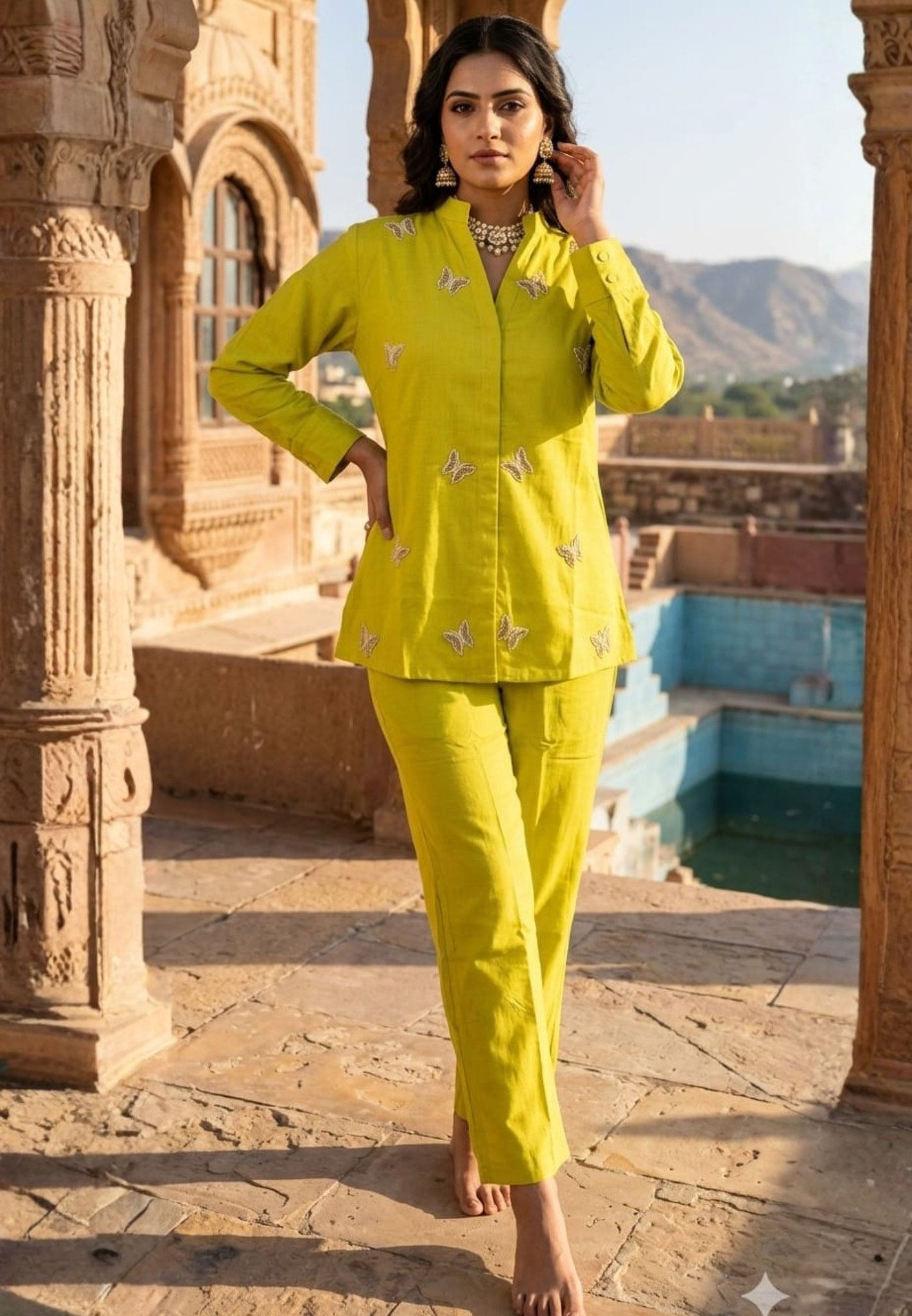 Lime Puch Elegant Cute Tiny Butterfly Placements Solid Co-Ord Set In Linen Cotton Fabric-14338 RB227