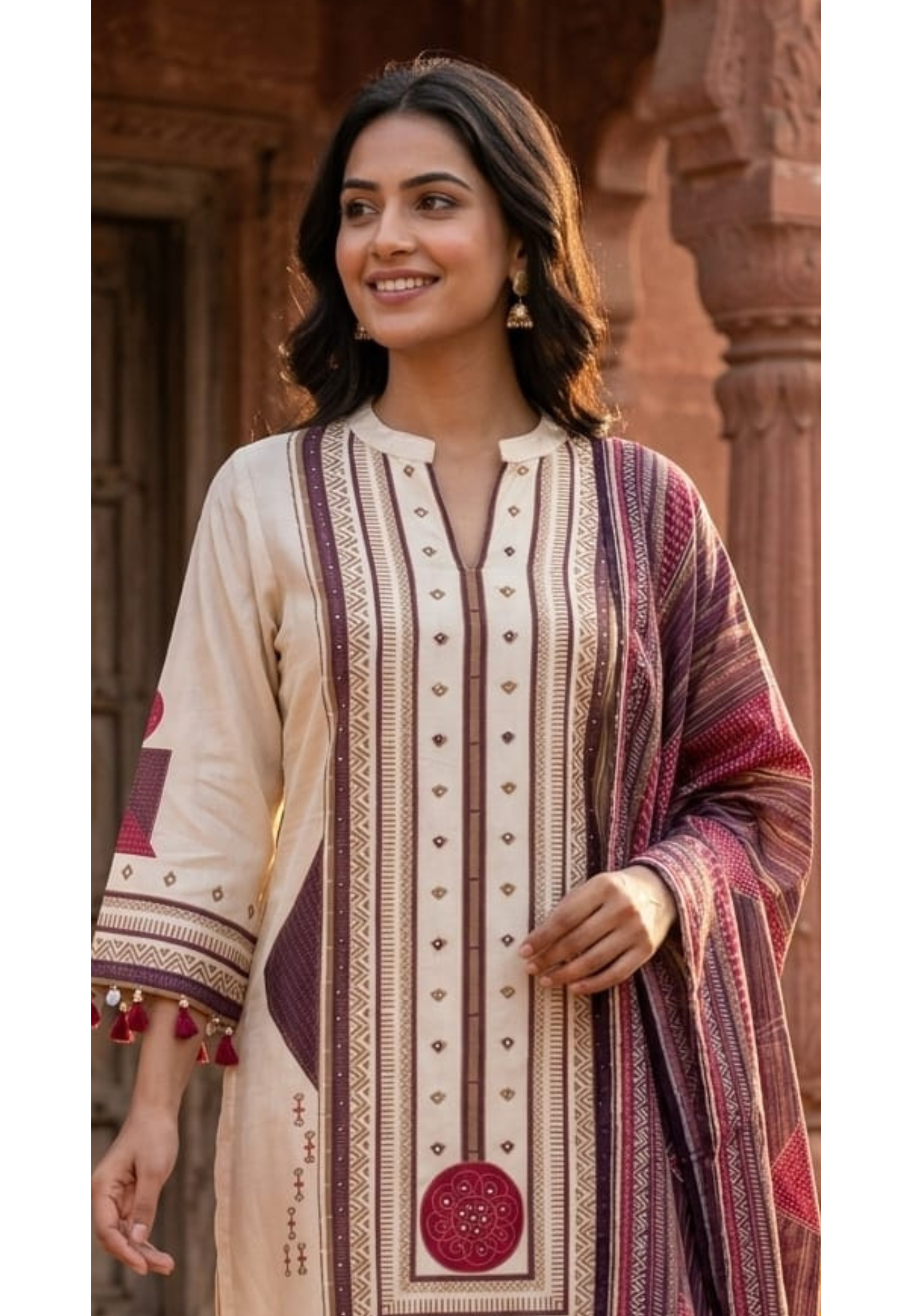 Royal Ivory Ethnic Russian Silk Full Suit Set with Intricate Geometric Embroidery,& Rich Woven Dupatta-14348 RB271