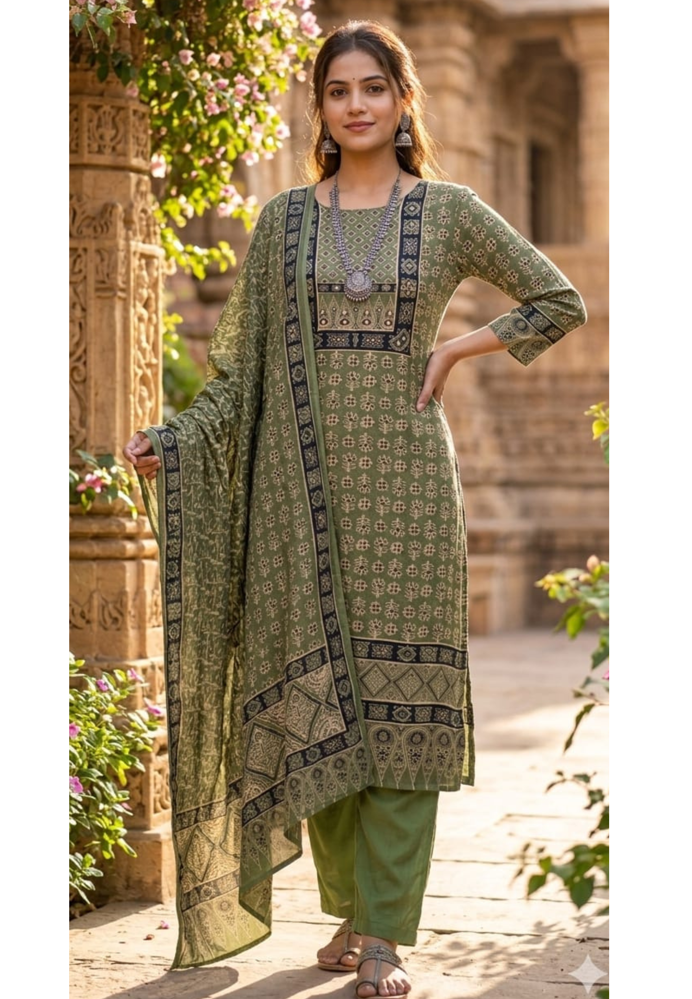 Olive Green Muslin Full Suit Set with Intricate Ethnic Block Prints, Statement Panel Detailing & Richly Printed Dupatta-14356 RB268