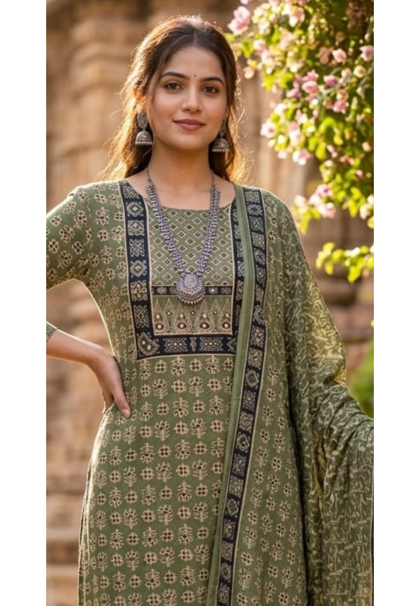 Olive Green Muslin Full Suit Set with Intricate Ethnic Block Prints, Statement Panel Detailing & Richly Printed Dupatta-14356 RB268