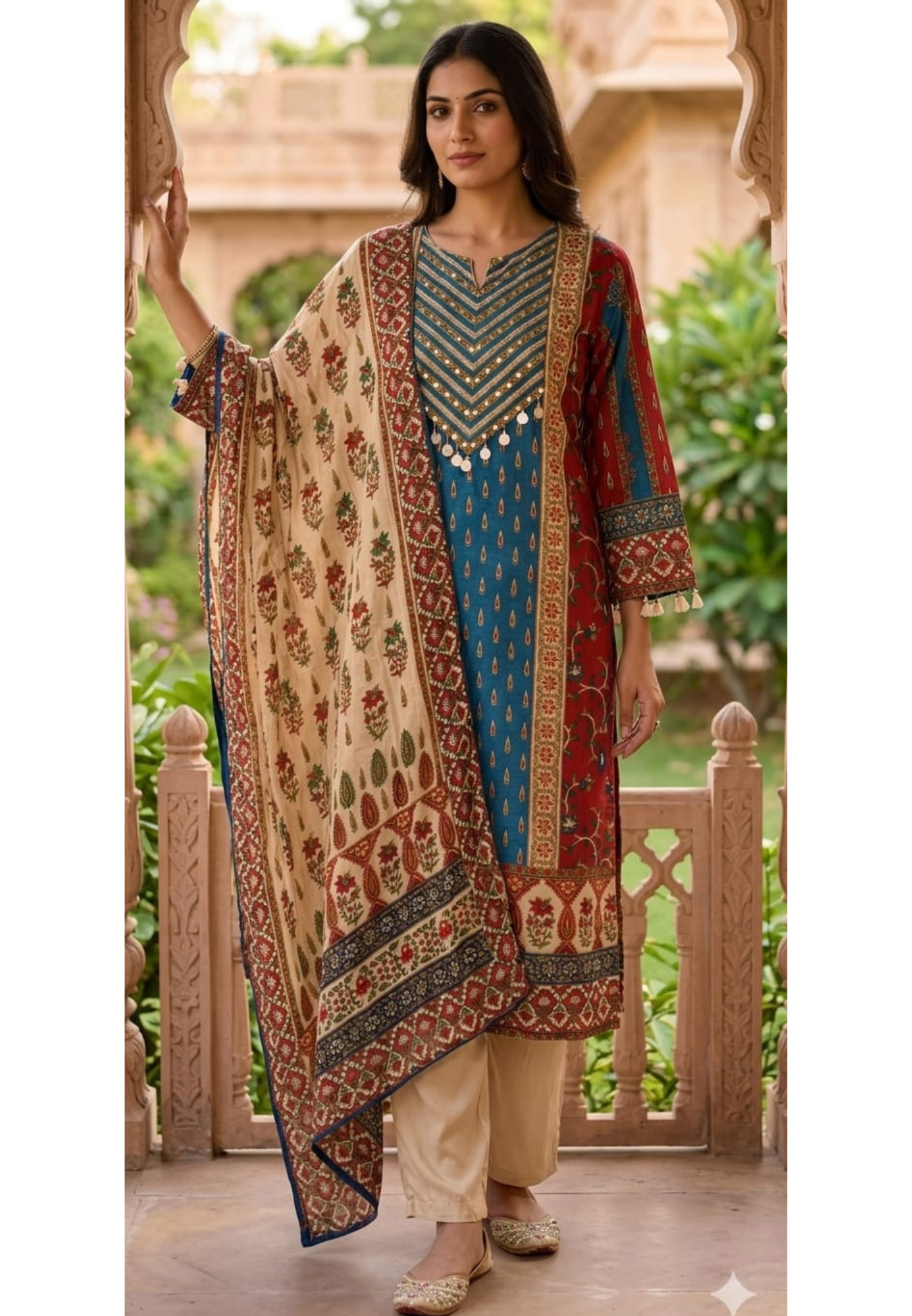 Royal Teal & Crimson Ethnic Muslin Full Suit Set with Intricate Traditional Prints, Embellished Neckline & Rich Floral Dupatta-14347 RB273