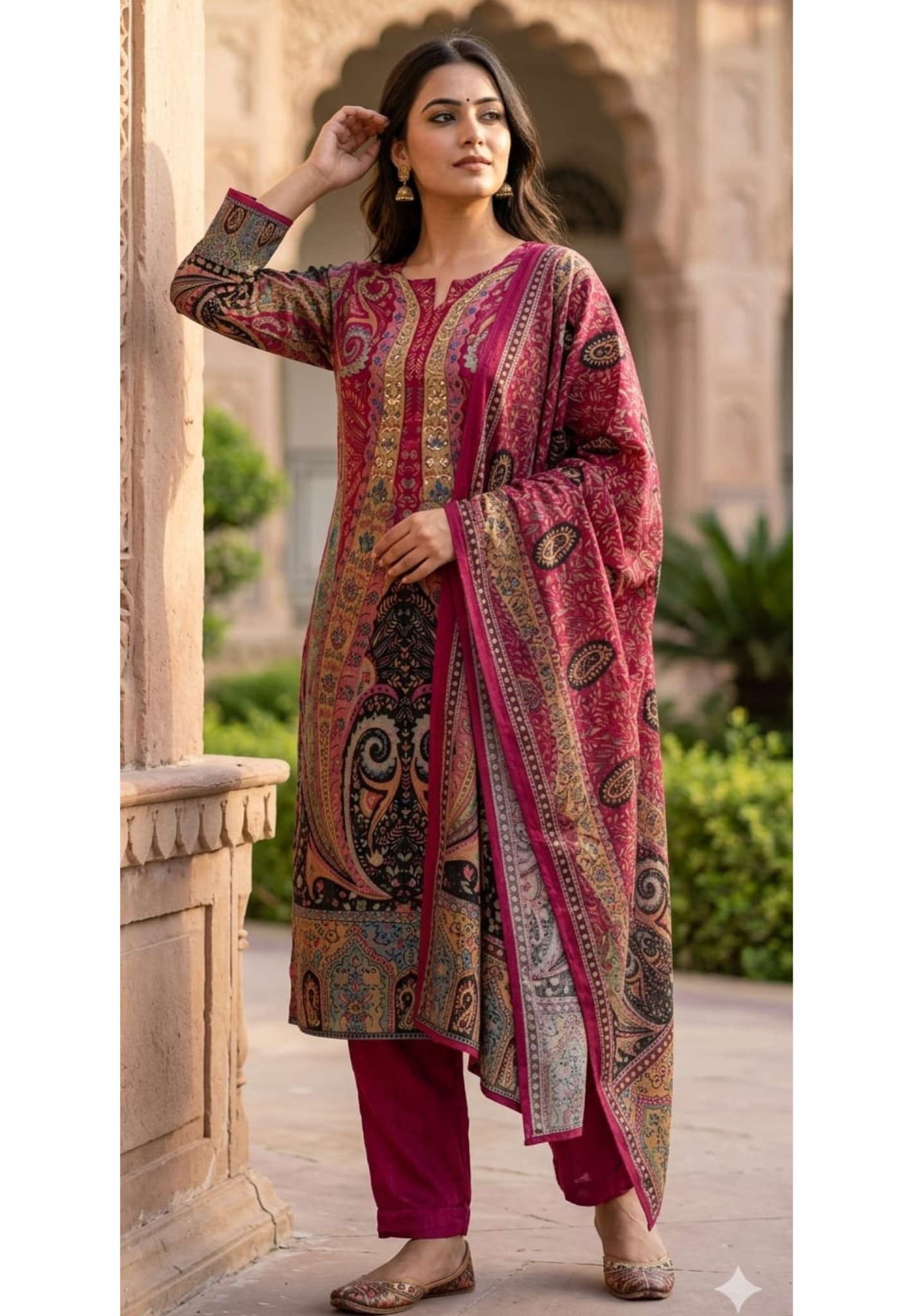 Designer Suit Set with Intricate Paisley & Mughal-Inspired Prints, Ornate Neck Panel Detailing  & Rich Printed Dupatta-14358 RB267