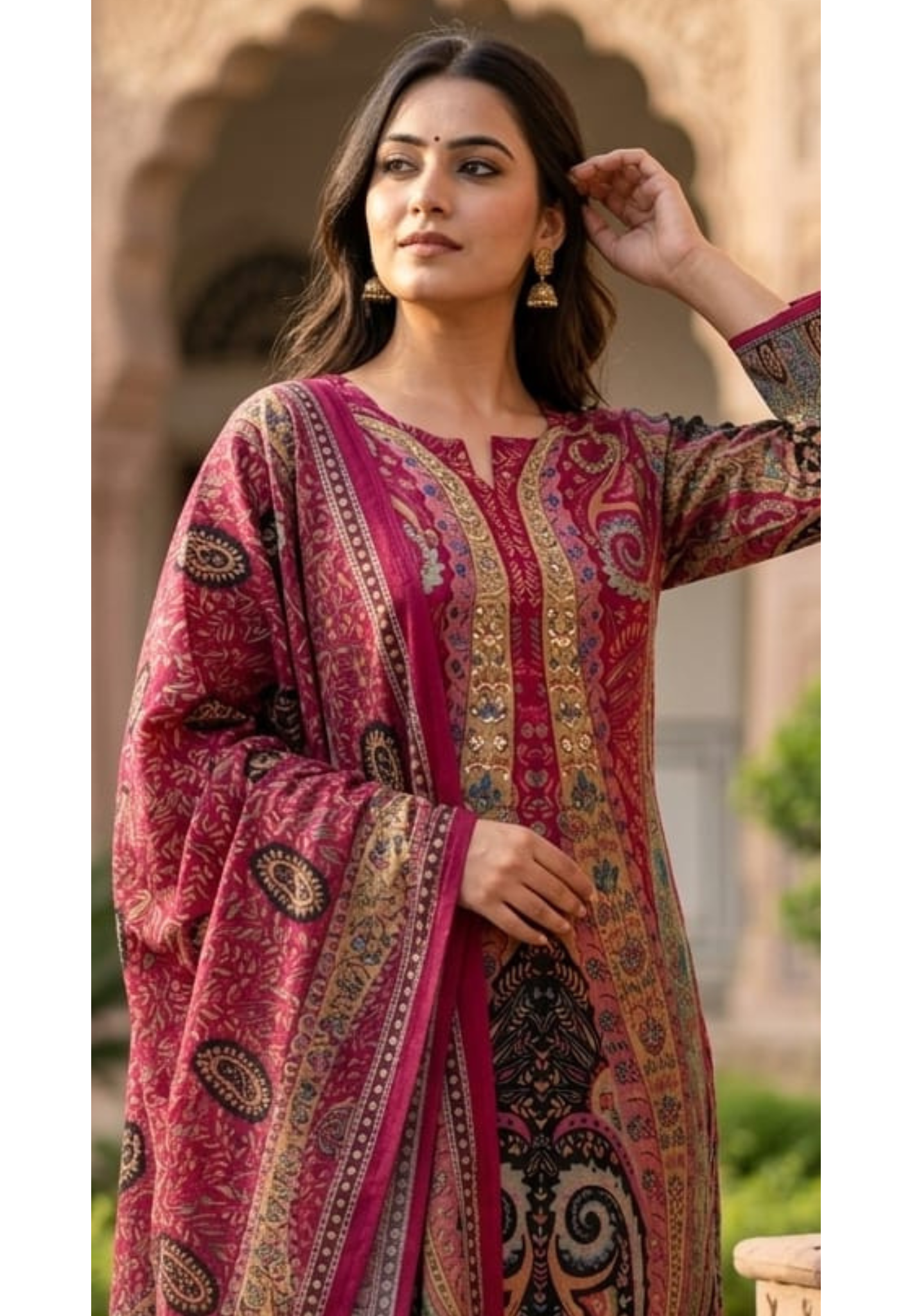 Designer Suit Set with Intricate Paisley & Mughal-Inspired Prints, Ornate Neck Panel Detailing  & Rich Printed Dupatta-14358 RB267