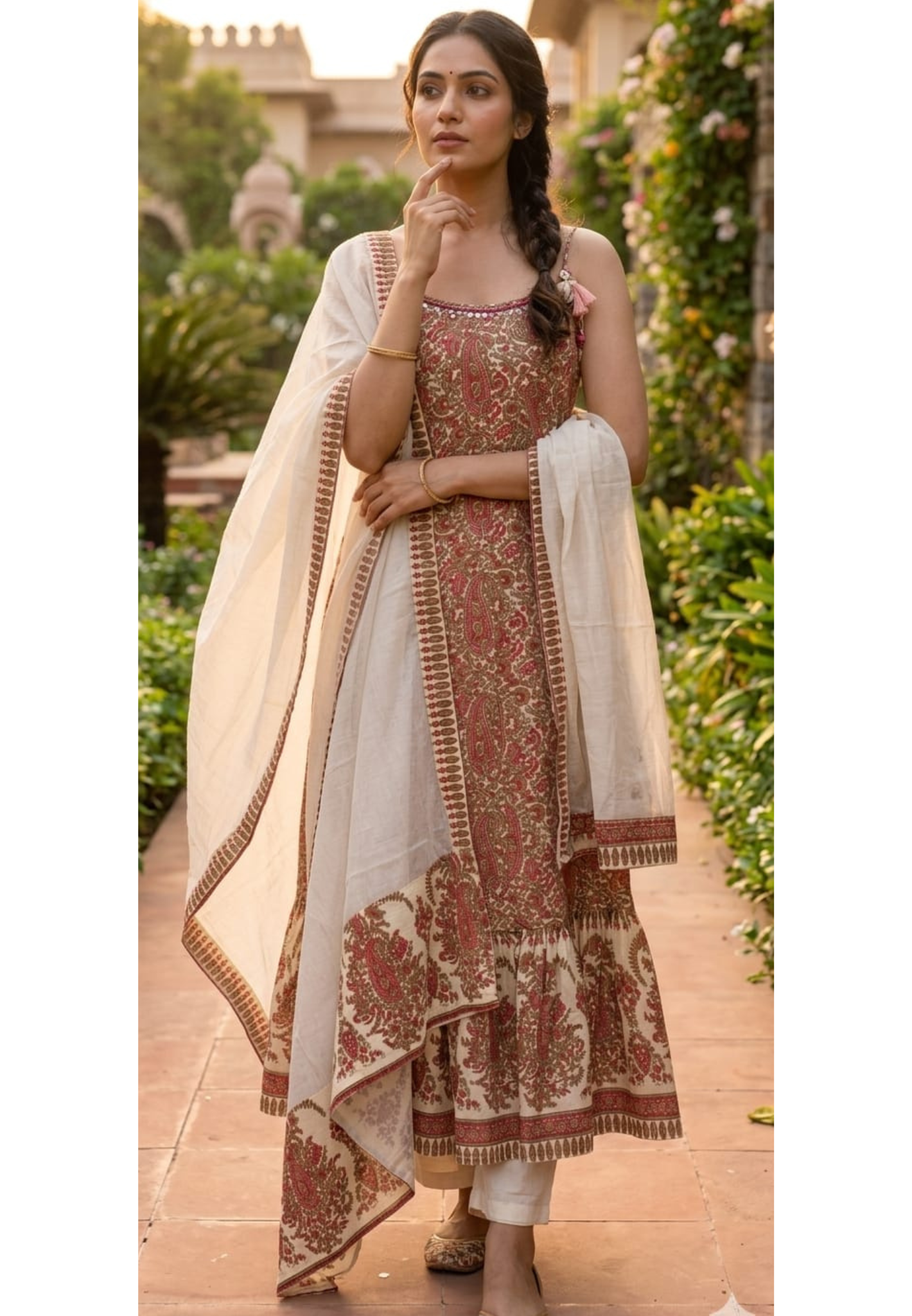 Crimson Paisley Printed Sleeveless Full Suit Set with Flared Hem Kurta, Intricate Border Detailing & Soft Cotton Dupatta- 14307 RB264