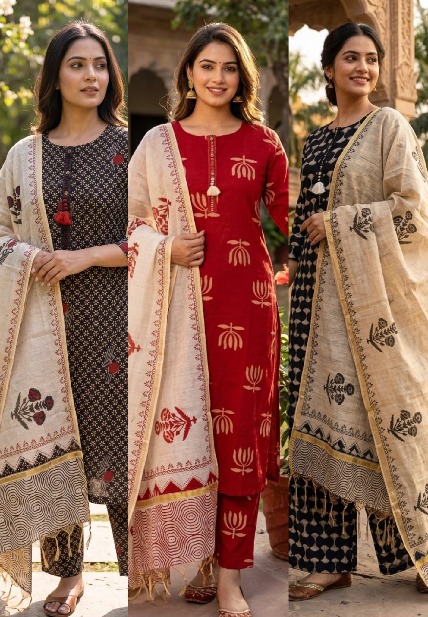 Classic Handblock Printed Full Suit Set with Minimal Ethnic Motifs Contrast Dupatta & Tassel Detailing- 14363 RB263