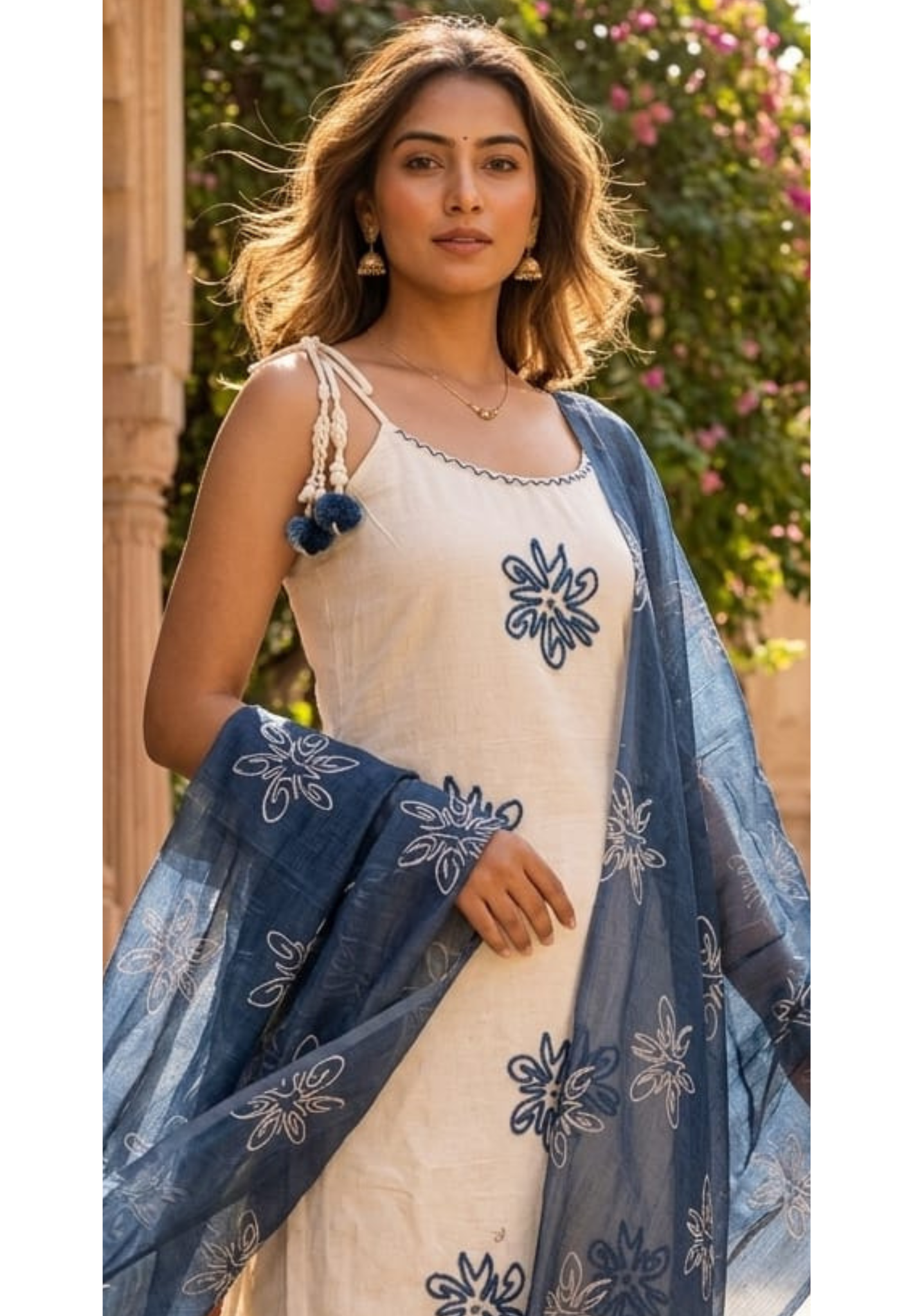 Indigo Flex Cotton Sleeveless Full Suit with Minimal Floral Embroidery & Contrast Sheer Dupatta(Lean Fit)- 14306 RB265