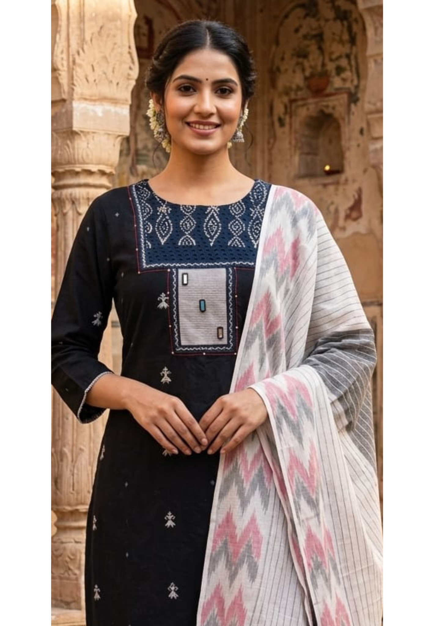 Glamrous Contrasted Black & White Embroidered Handloom Cotton Full Suit Set With Kota Doria Dupatta- 14351 RB266