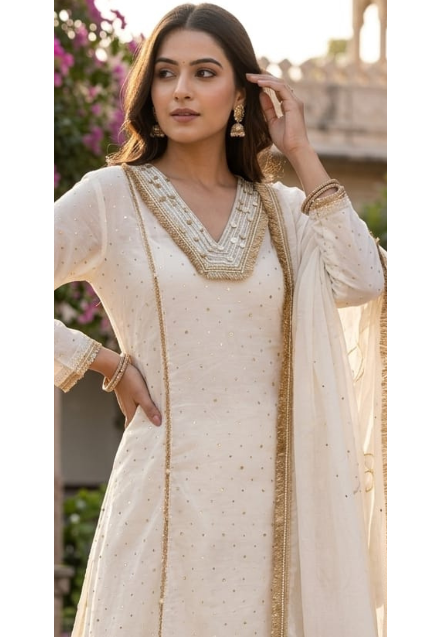 Ivory Golden Intricate Zari Embroidery Premium A-Line Full Suit Set with Separate Inner & Elegant Organza Dupatta- 14291 RB259