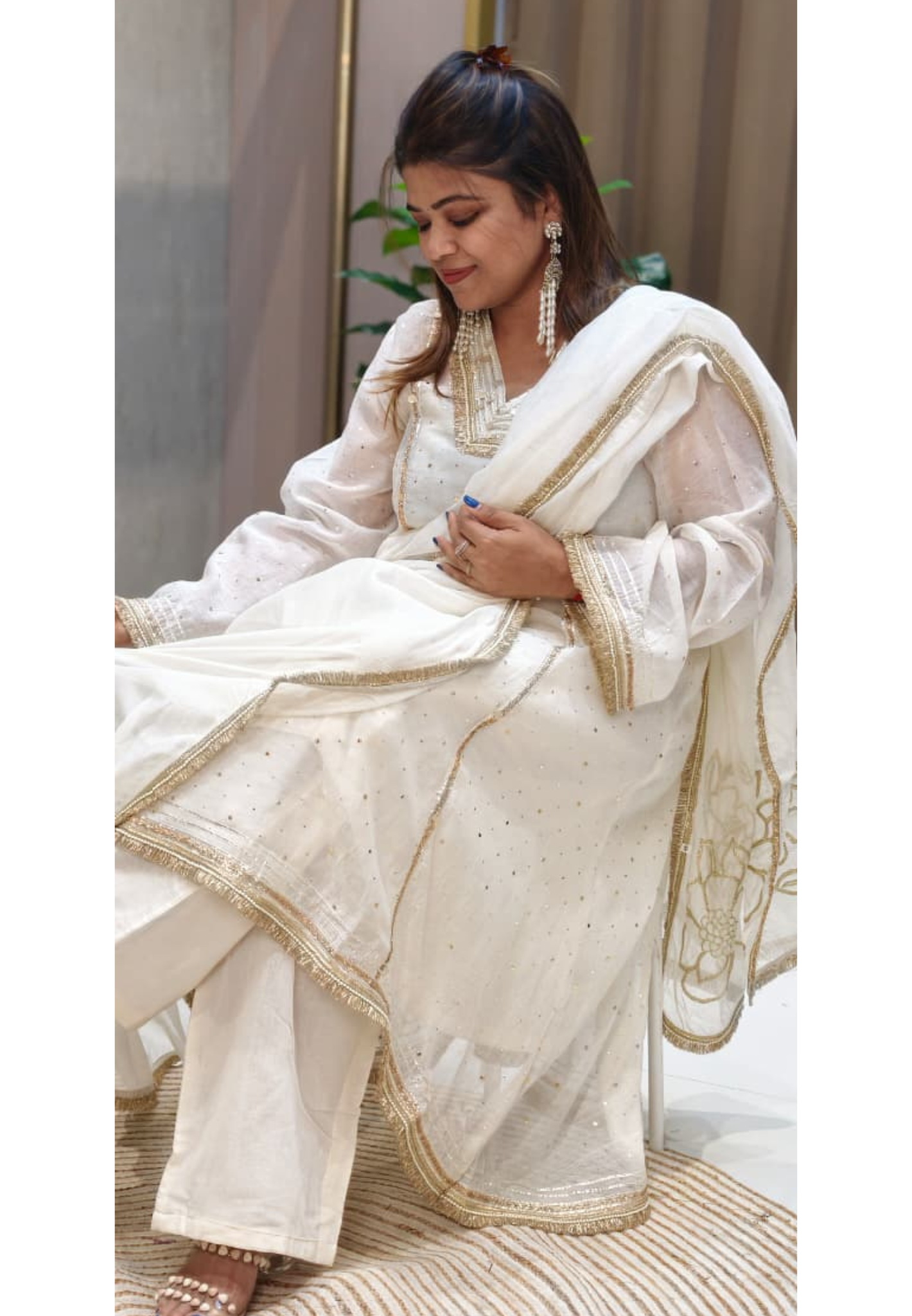 Ivory Golden Intricate Zari Embroidery Premium A-Line Full Suit Set with Separate Inner & Elegant Organza Dupatta- 14291 RB259
