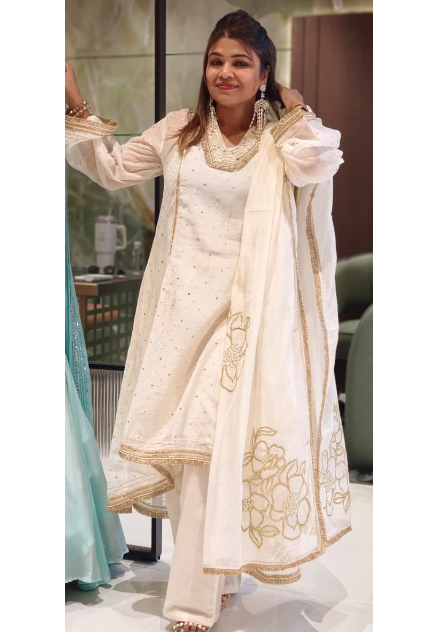 Ivory Golden Intricate Zari Embroidery Premium A-Line Full Suit Set with Separate Inner & Elegant Organza Dupatta- 14291 RB259