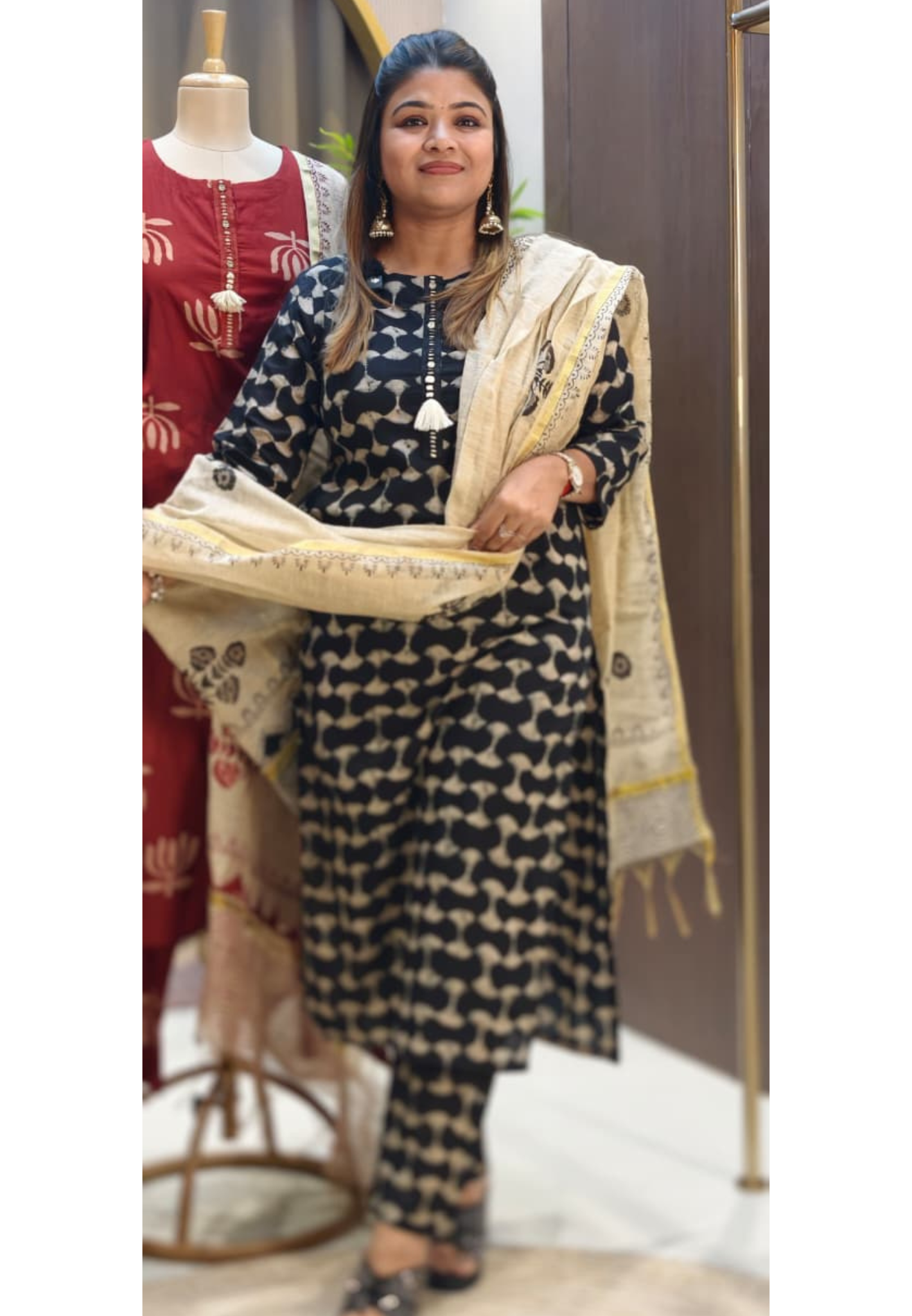 Classic Handblock Printed Full Suit Set with Minimal Ethnic Motifs Contrast Dupatta & Tassel Detailing- 14363 RB263