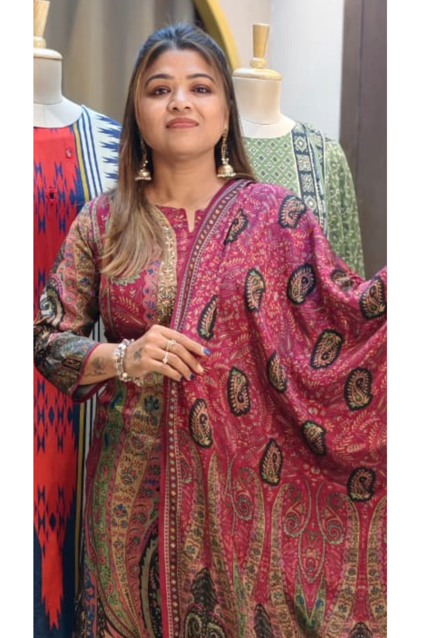 Designer Suit Set with Intricate Paisley & Mughal-Inspired Prints, Ornate Neck Panel Detailing  & Rich Printed Dupatta-14358 RB267