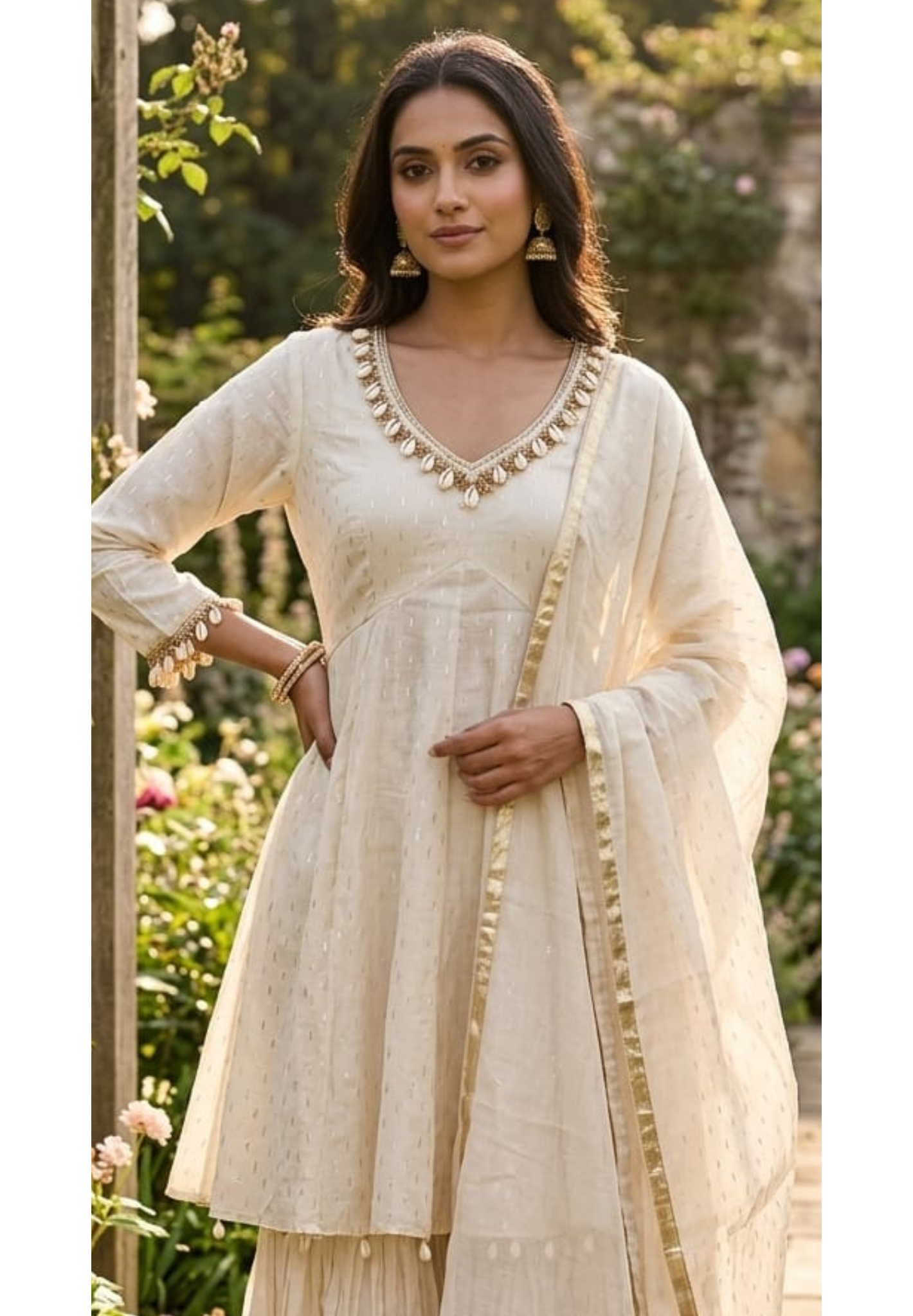 Ivory Luxe Premium Sharara Set with Handcrafted Shell Embellishments, Zari Detailing & Elegant Dupatta- 14325 RB260