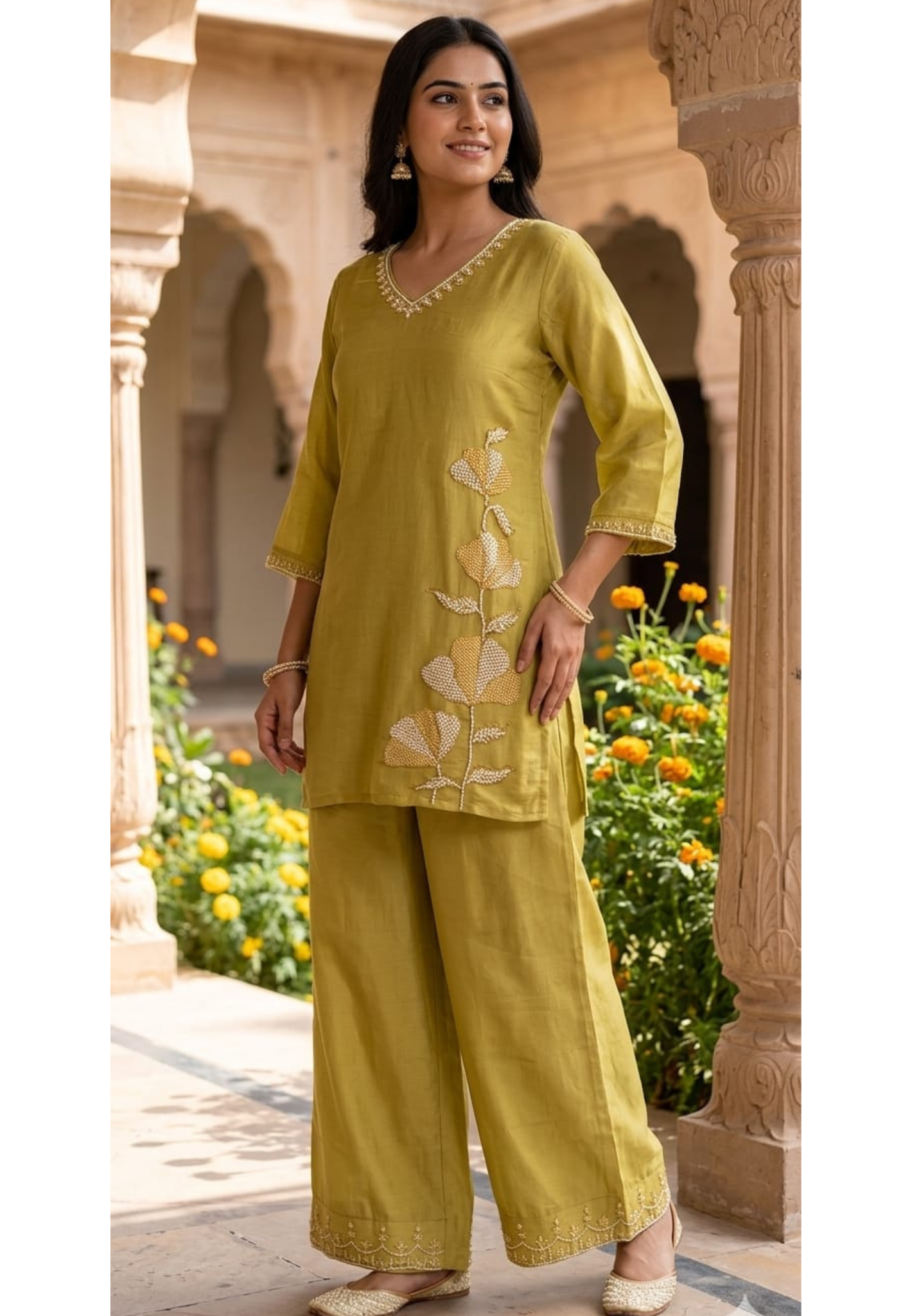 Butter Soft Lightweight Hand Embroidery Surat Mul Chanderi Kurta Pant Set- 14421 RB254