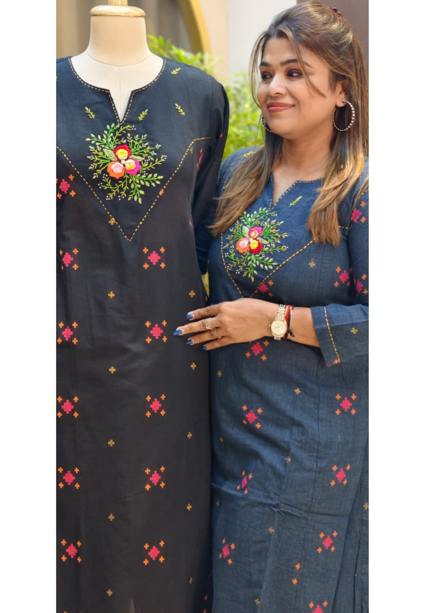 Handloom Cotton Handcrafted Floral Yoke, Subtle Motif Detailing Kurta With Straight Fit Pant- 14410 RB257