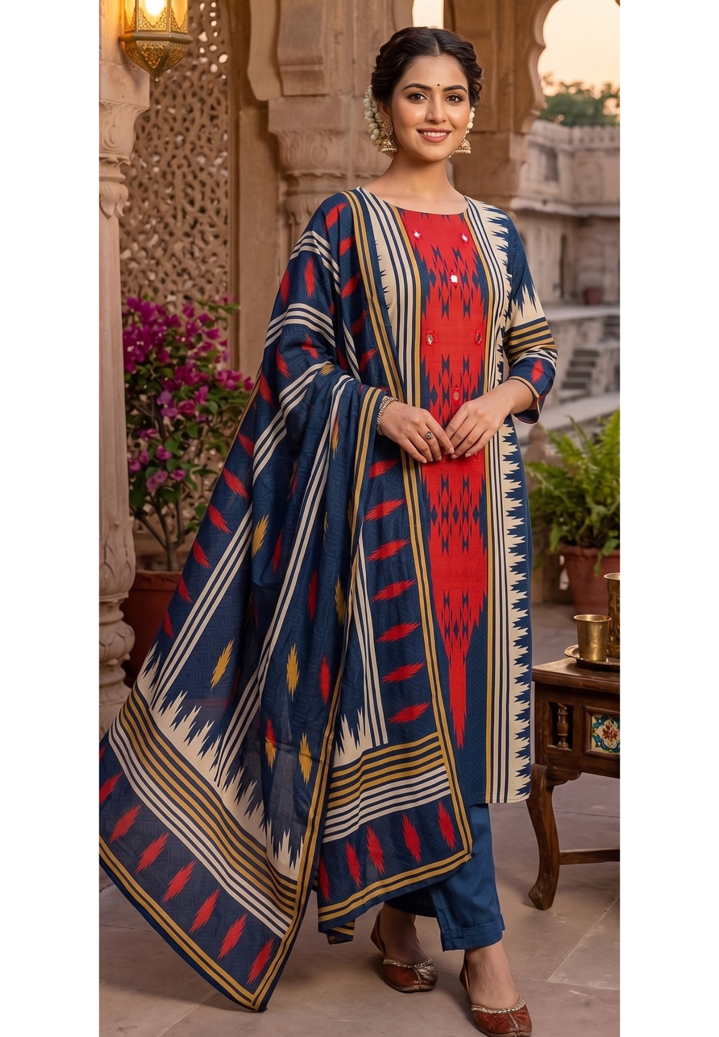 Indigo & Crimson Muslin Suit Set with Bold Ikat-Inspired Prints, Statement Panel Design & Coordinated Printed Dupatta-14359 RB269
