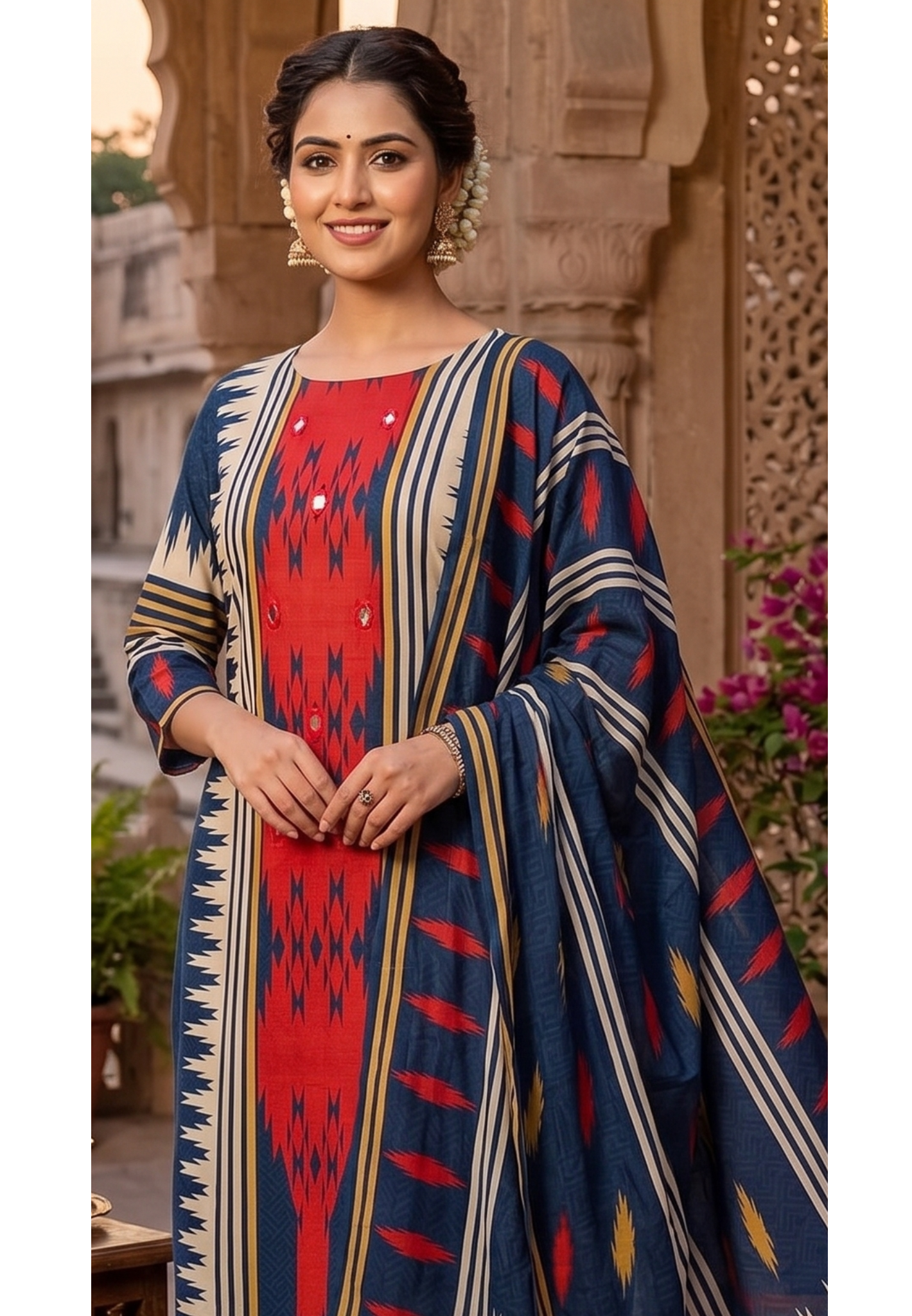Indigo & Crimson Muslin Suit Set with Bold Ikat-Inspired Prints, Statement Panel Design & Coordinated Printed Dupatta-14359 RB269