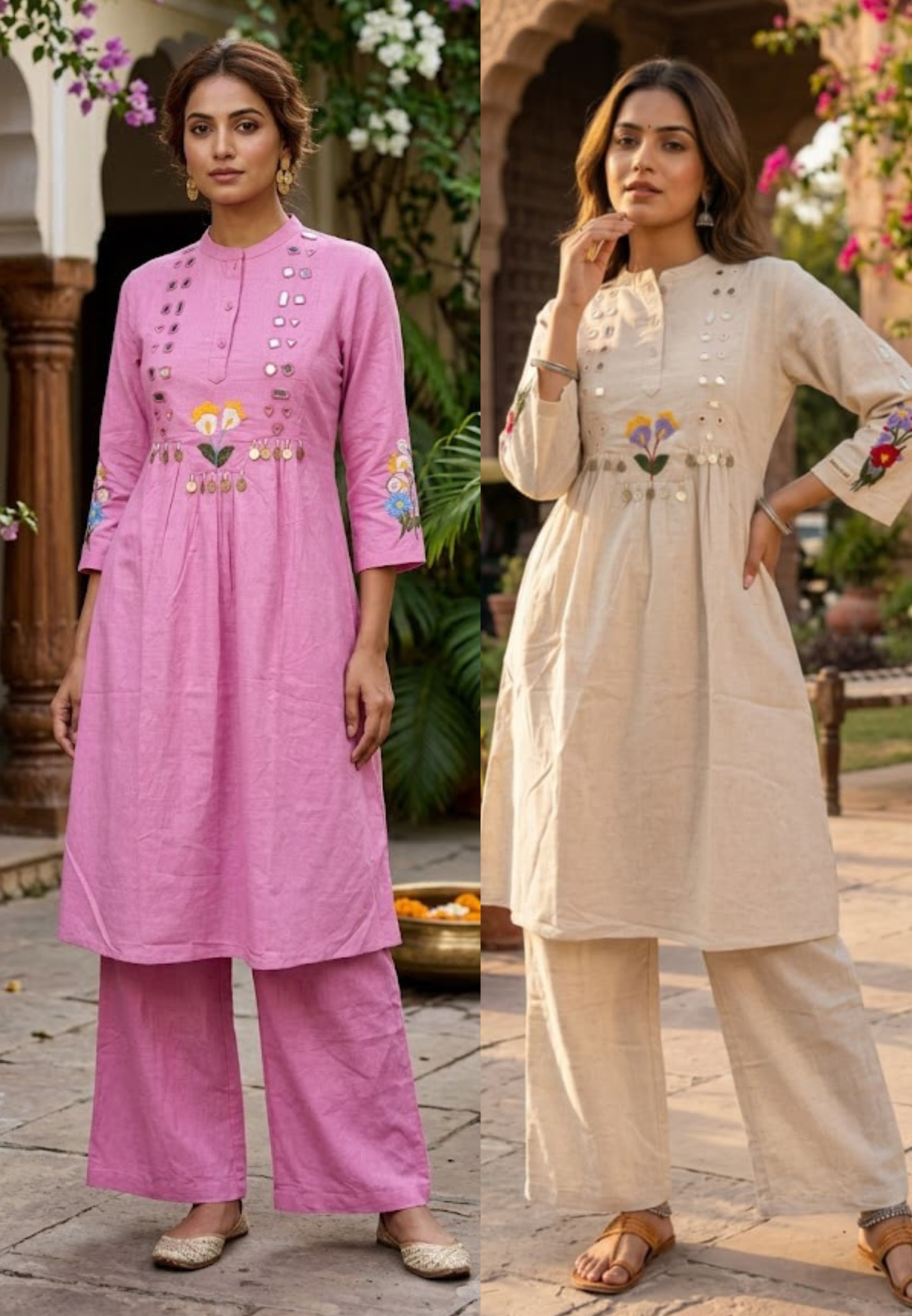 Floral Thread Embroidery Flex Cotton Kurta Pant Set with Mirror Work Detailing & Statement Tassel Accents- 14281 RB255