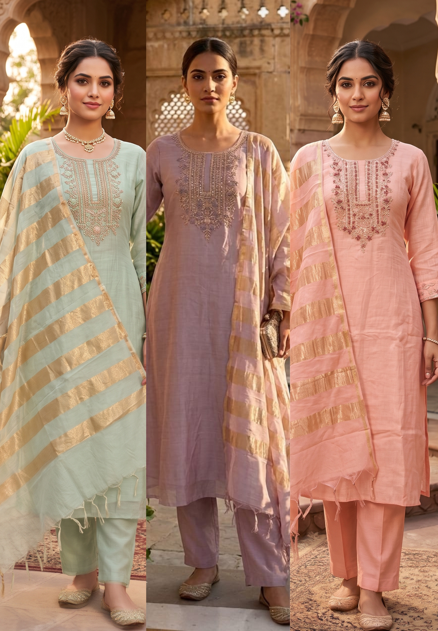 Pure Banarasi Mul Chanderi Suit Set with Handcrafted Zari Embroidery, Elegant Straight Silhouette & Luxe Gold Striped Dupatta-14313 RB261