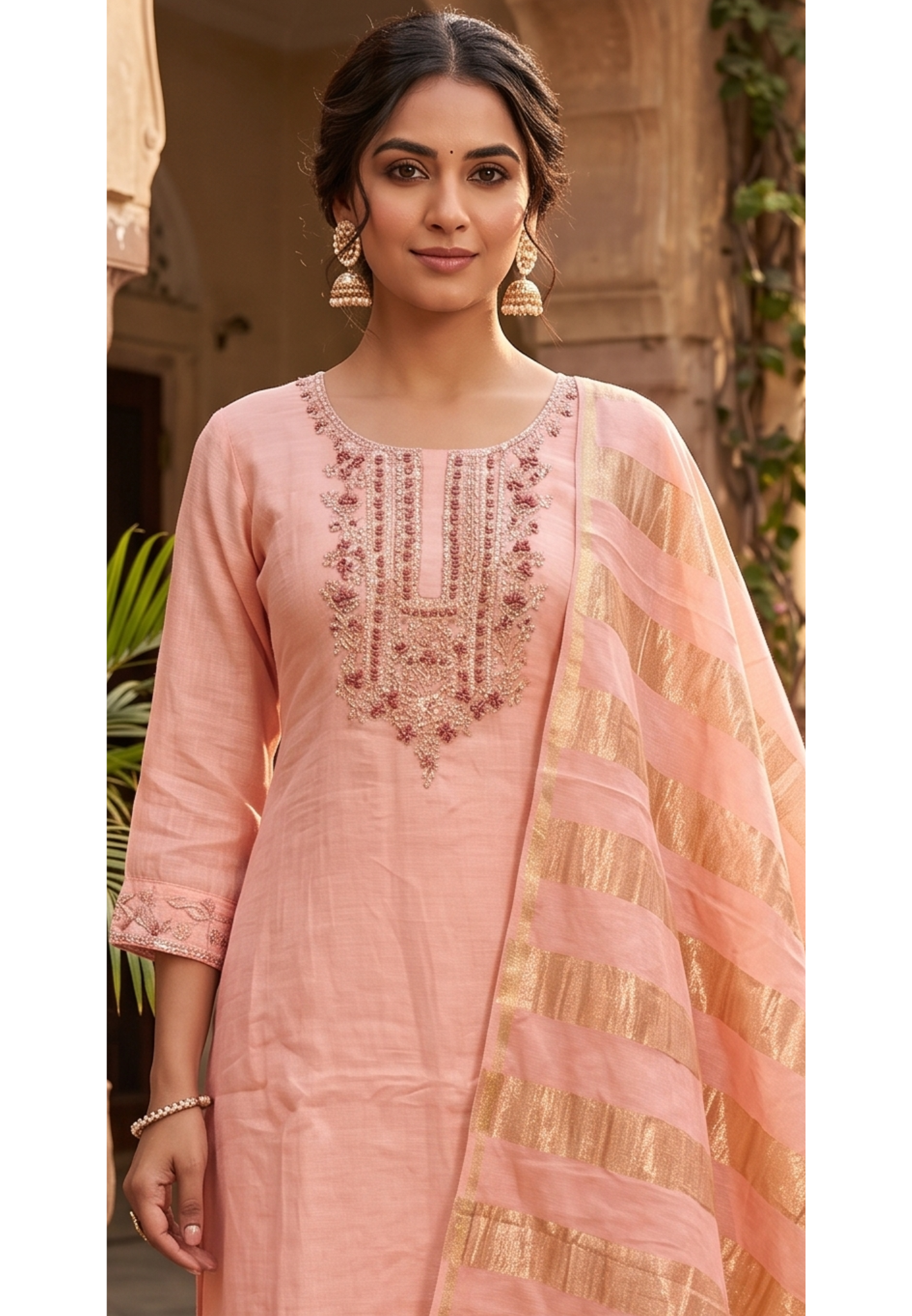 Pure Banarasi Mul Chanderi Suit Set with Handcrafted Zari Embroidery, Elegant Straight Silhouette & Luxe Gold Striped Dupatta-14313 RB261