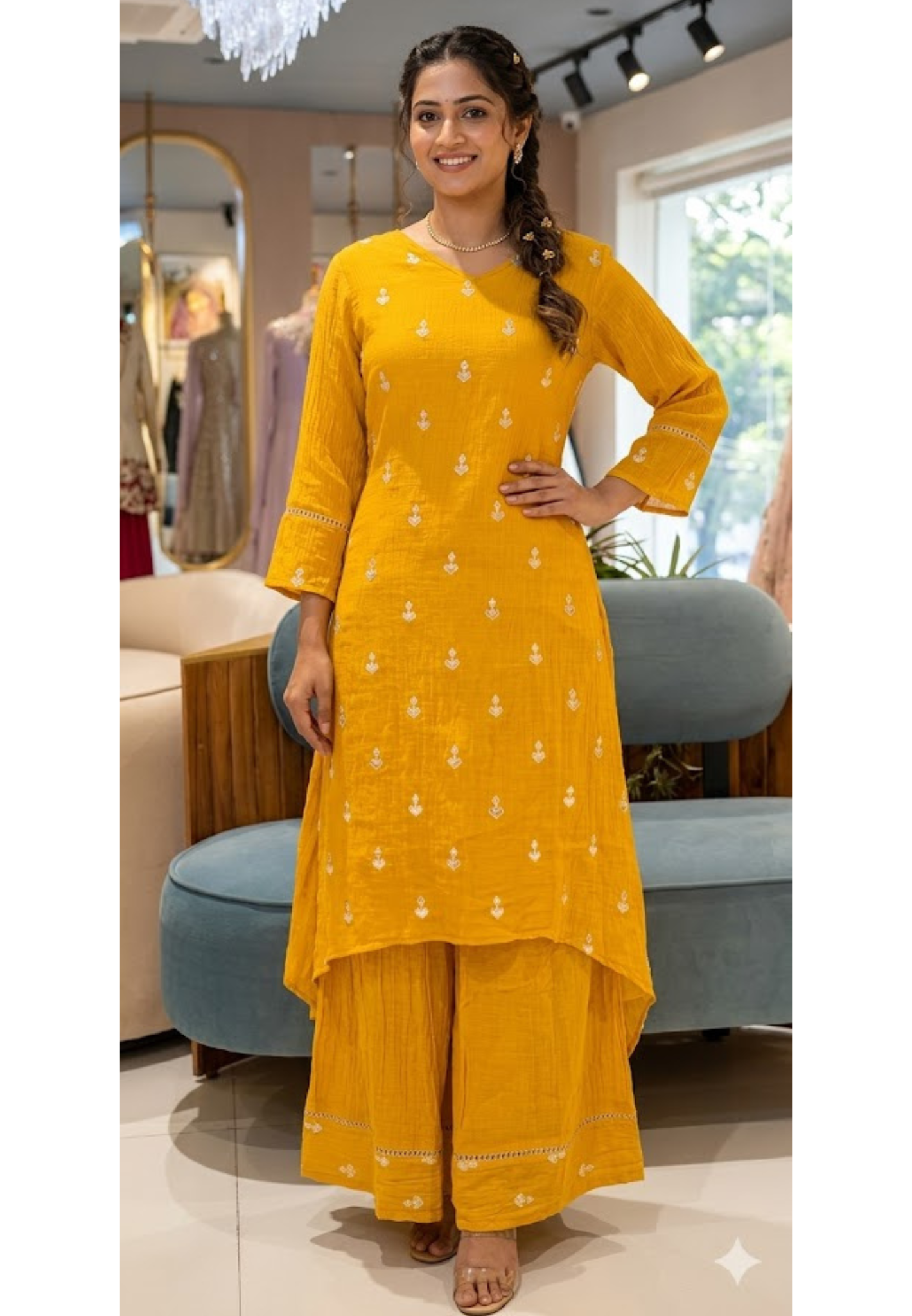 Pure Banarasi Mul Chanderi Golden Inticate Spread Work A-Line Kurta Pant Set- 14300